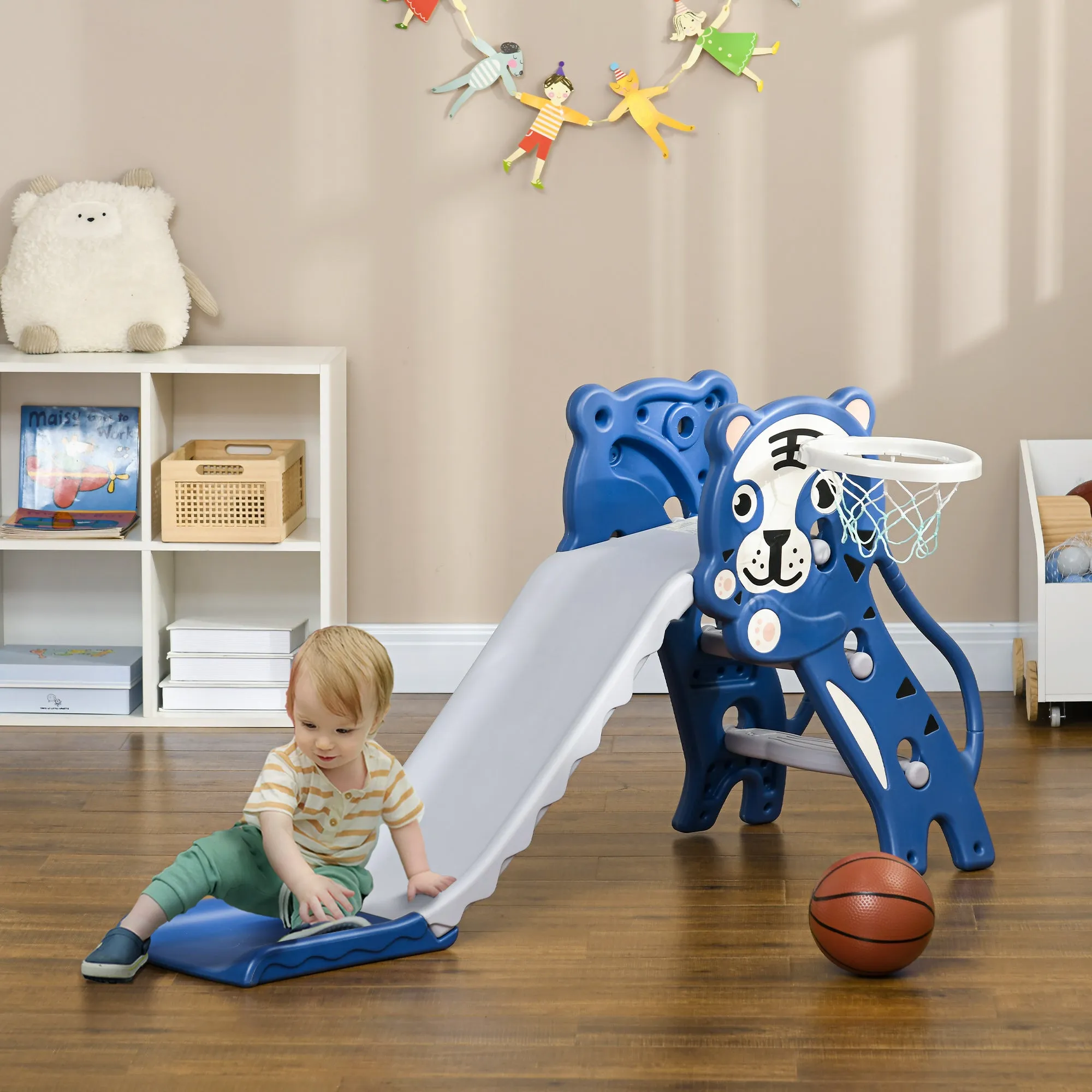 Children's Slide 18-36 Months with Lateral PE Basketball Hoop, 133x60x70 cm, Blue and Grey - Image 2