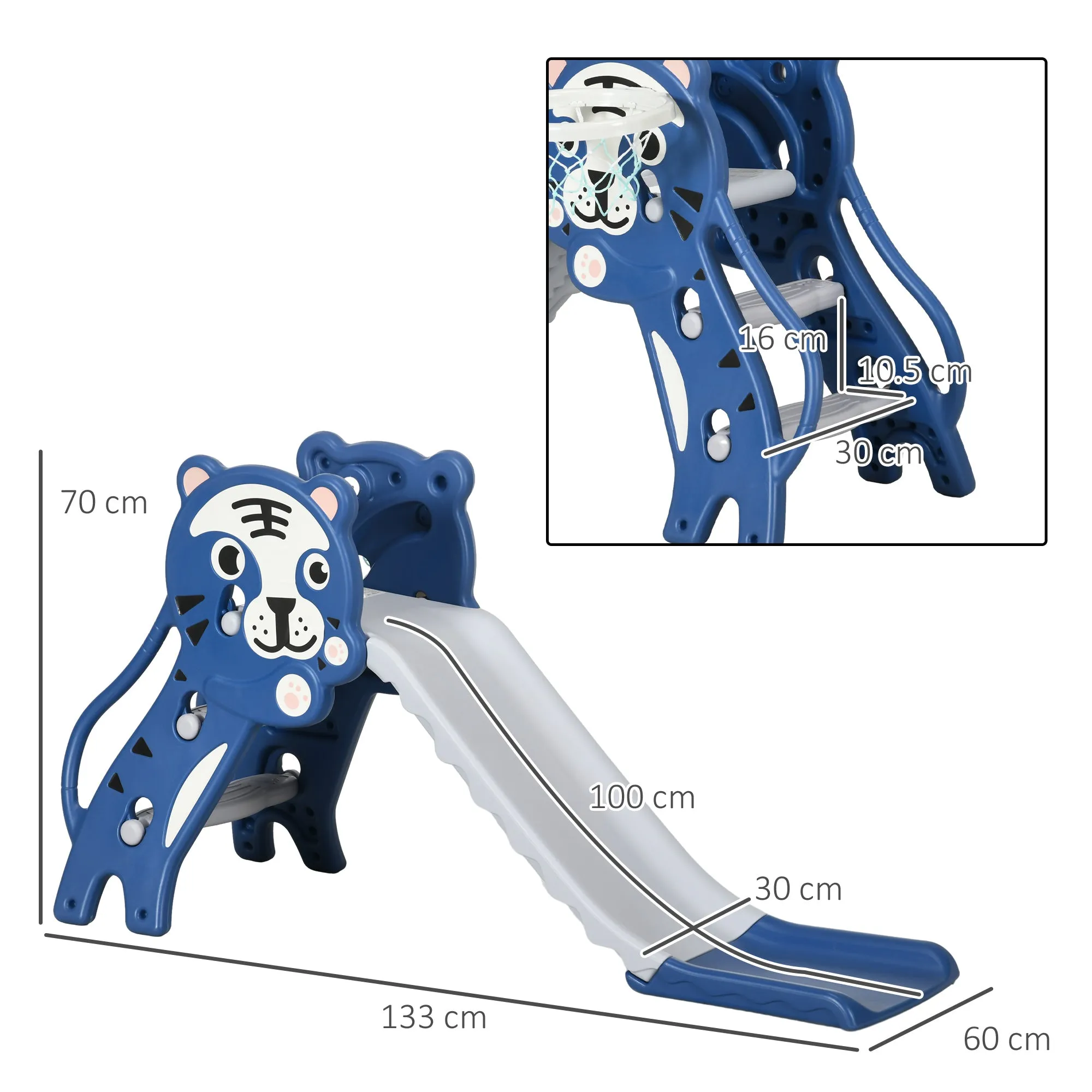 Children's Slide 18-36 Months with Lateral PE Basketball Hoop, 133x60x70 cm, Blue and Grey - Image 3