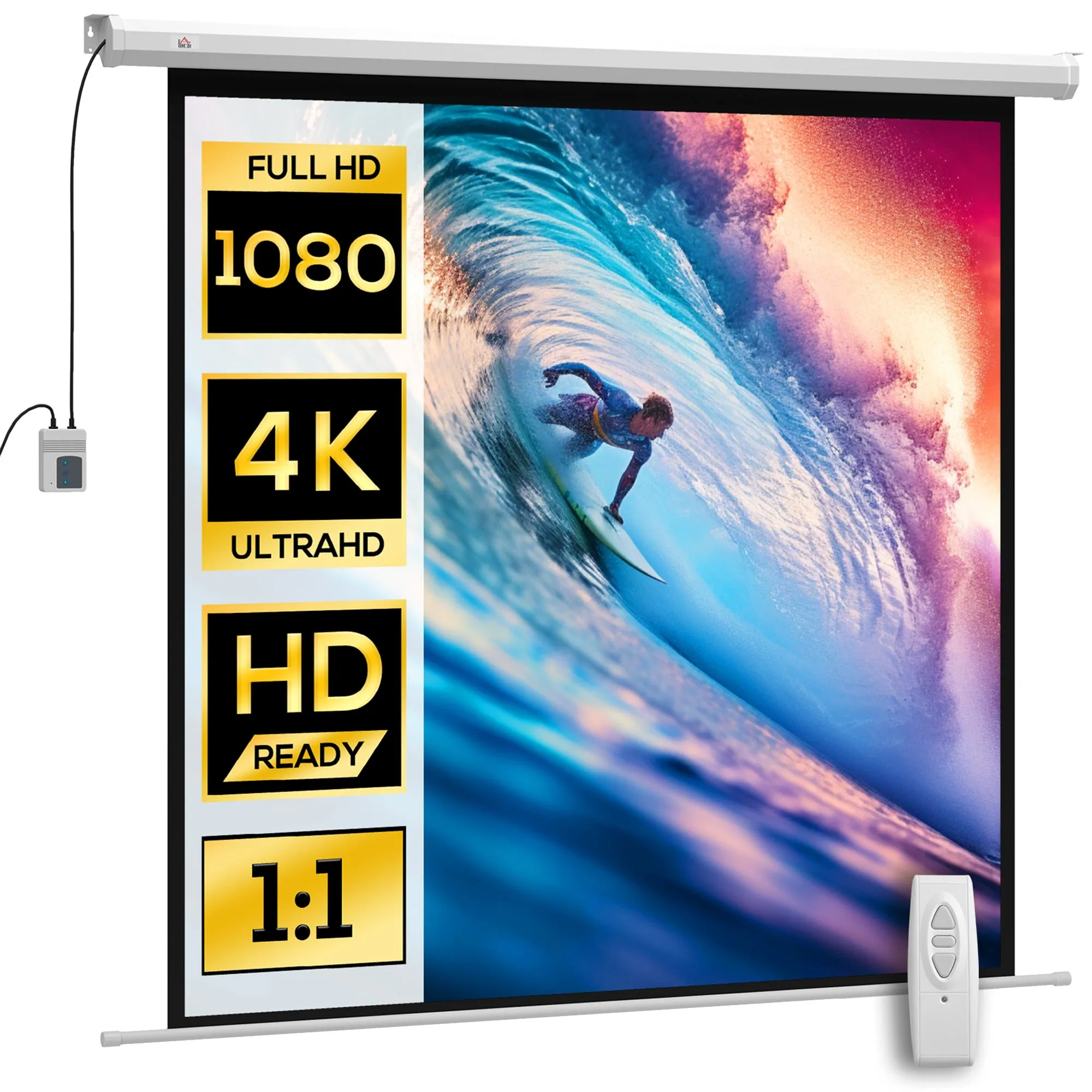 Motorized Projector Screen 85" with Remote Control, Plastic and Metal, 176.5x8x176.5 cm, White