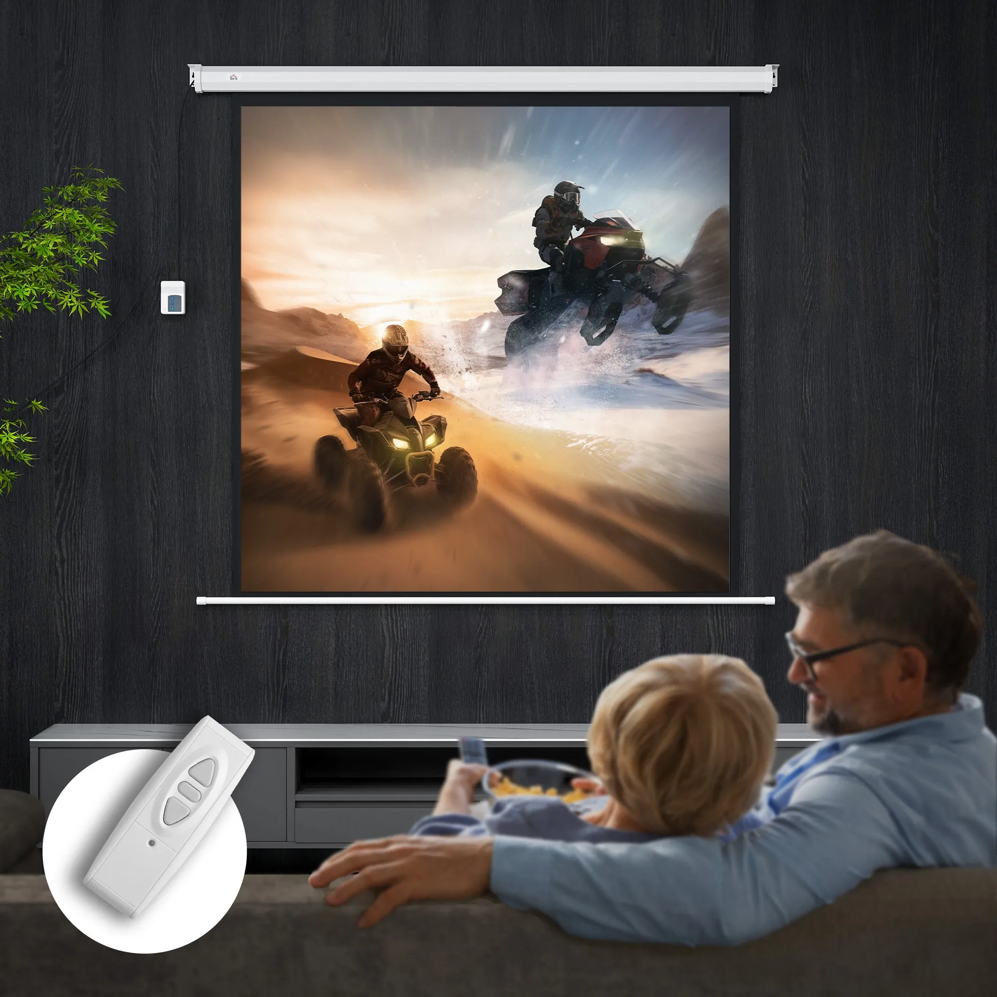 Motorized Projector Screen 85" with Remote Control, Plastic and Metal, 176.5x8x176.5 cm, White - Image 2