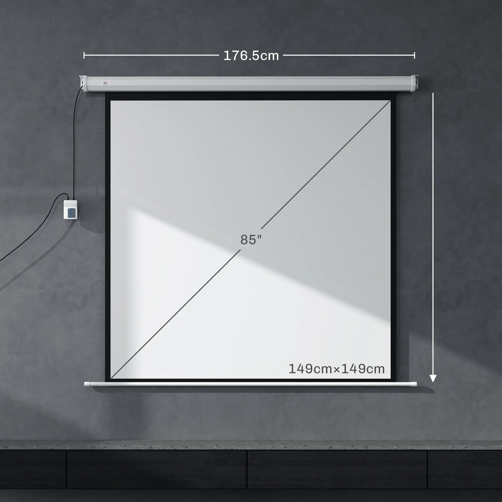 Motorized Projector Screen 85" with Remote Control, Plastic and Metal, 176.5x8x176.5 cm, White - Image 3