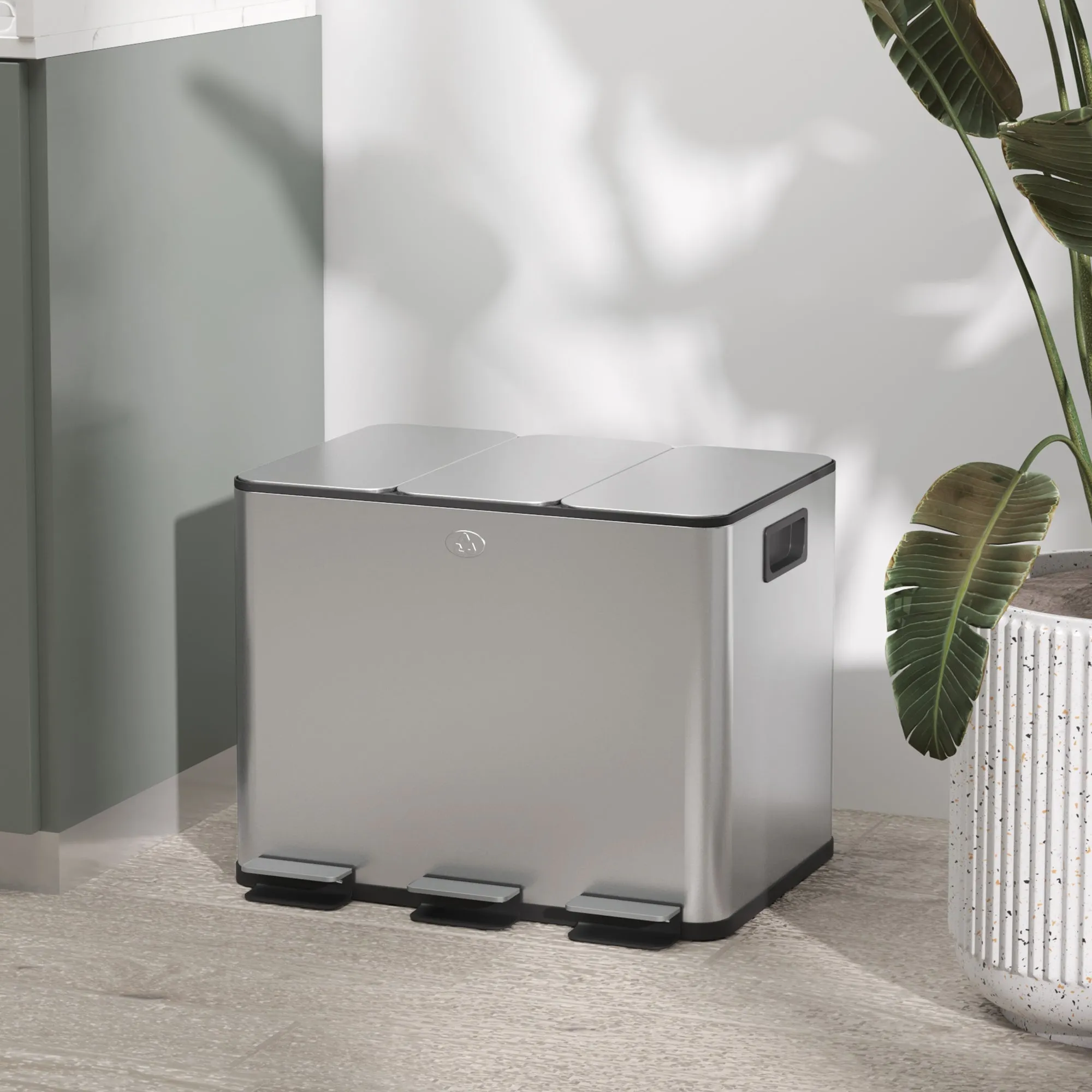 TRES - 20L 3-Section Dustbin with Silent Closure, Stainless Steel and PP, 61.9x36. 6x56. 7 cm - Image 2