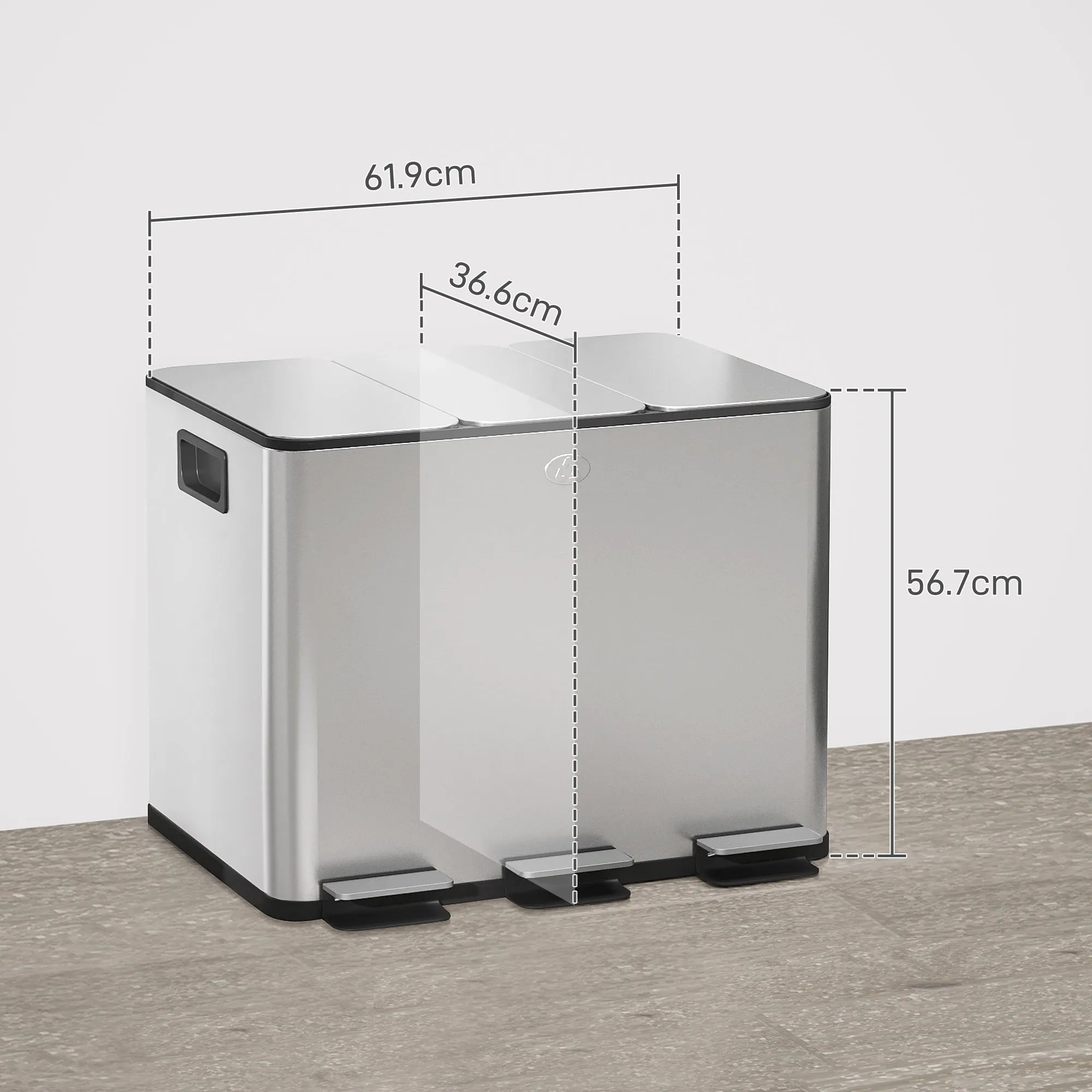 TRES - 20L 3-Section Dustbin with Silent Closure, Stainless Steel and PP, 61.9x36. 6x56. 7 cm - Image 3