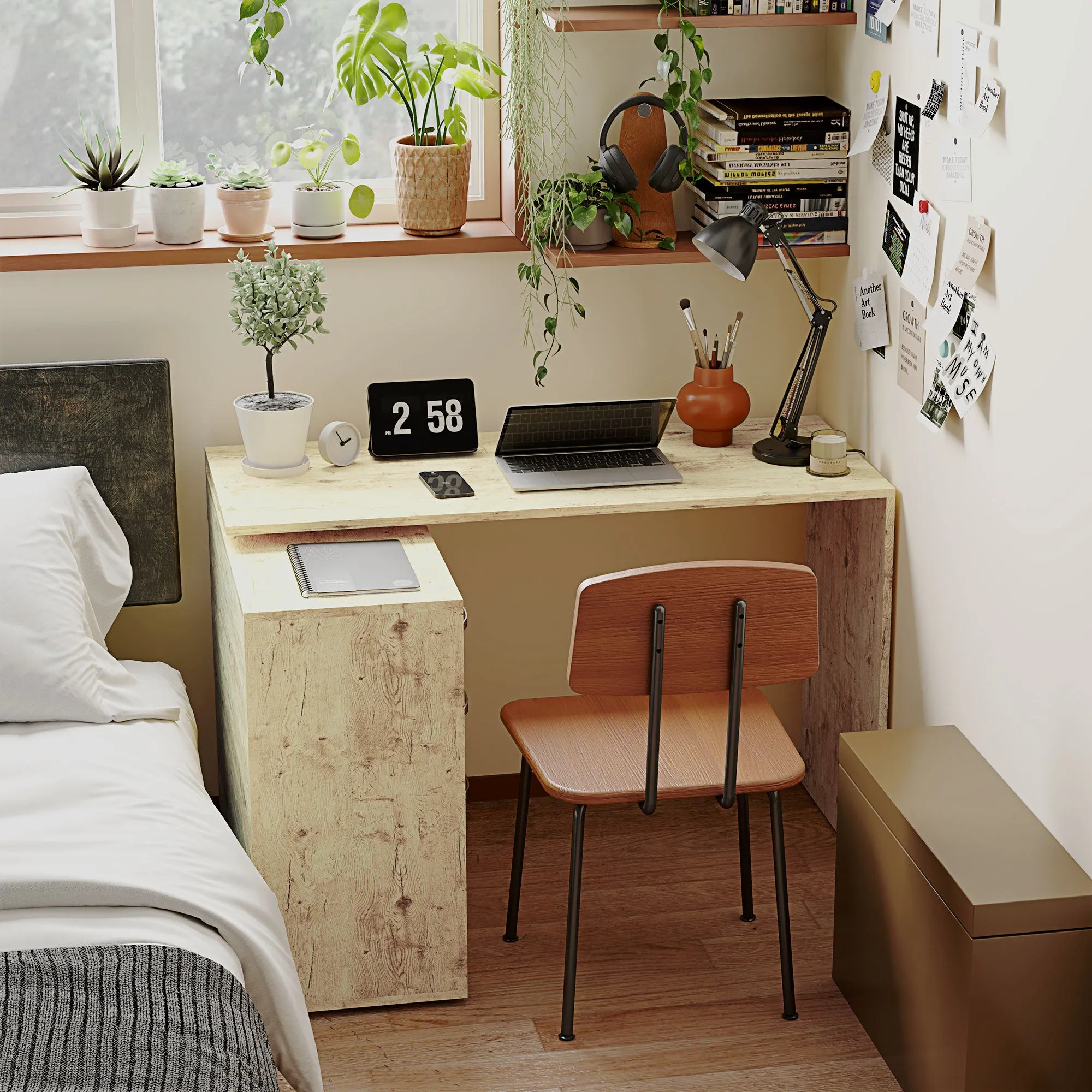 Corner PC Desk with 3 Drawers and Open Shelves, Wood and Metal, 117x83. 5x76 cm, Walnut - Image 2