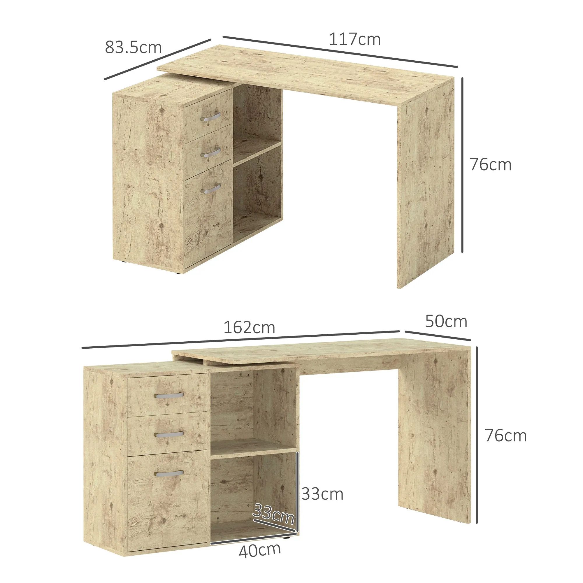 Corner PC Desk with 3 Drawers and Open Shelves, Wood and Metal, 117x83. 5x76 cm, Walnut - Image 3