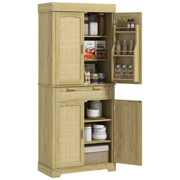 Boho Style Kitchen Sideboard with 2 Cabinets, Drawer and Spice Rack in Wood and Rattan, 76x40x183cm, Oak
