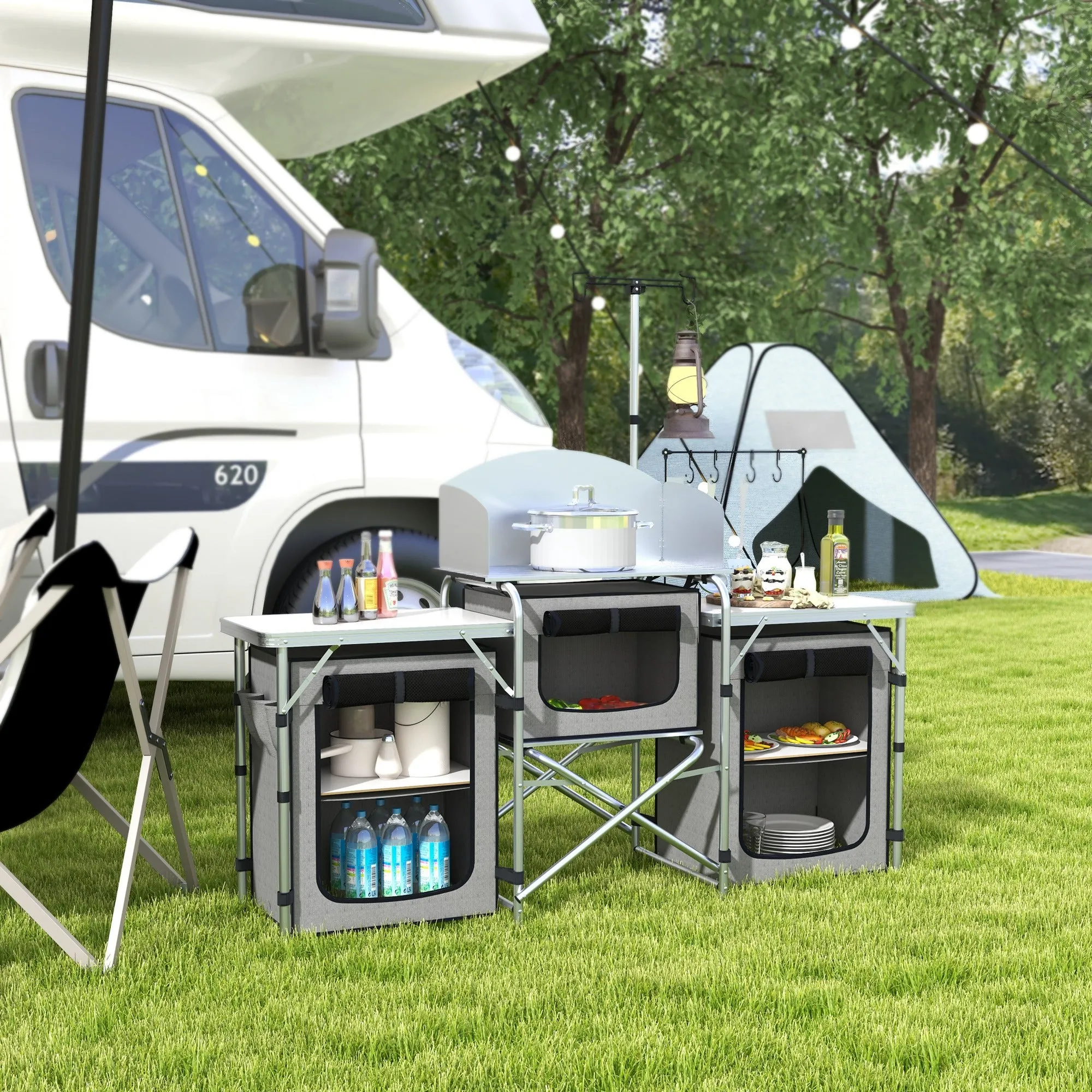 Folding Camping Kitchen with 5 Internal Shelves and 4 Hooks, 172x48x119 cm, Grey and Silver - Image 2