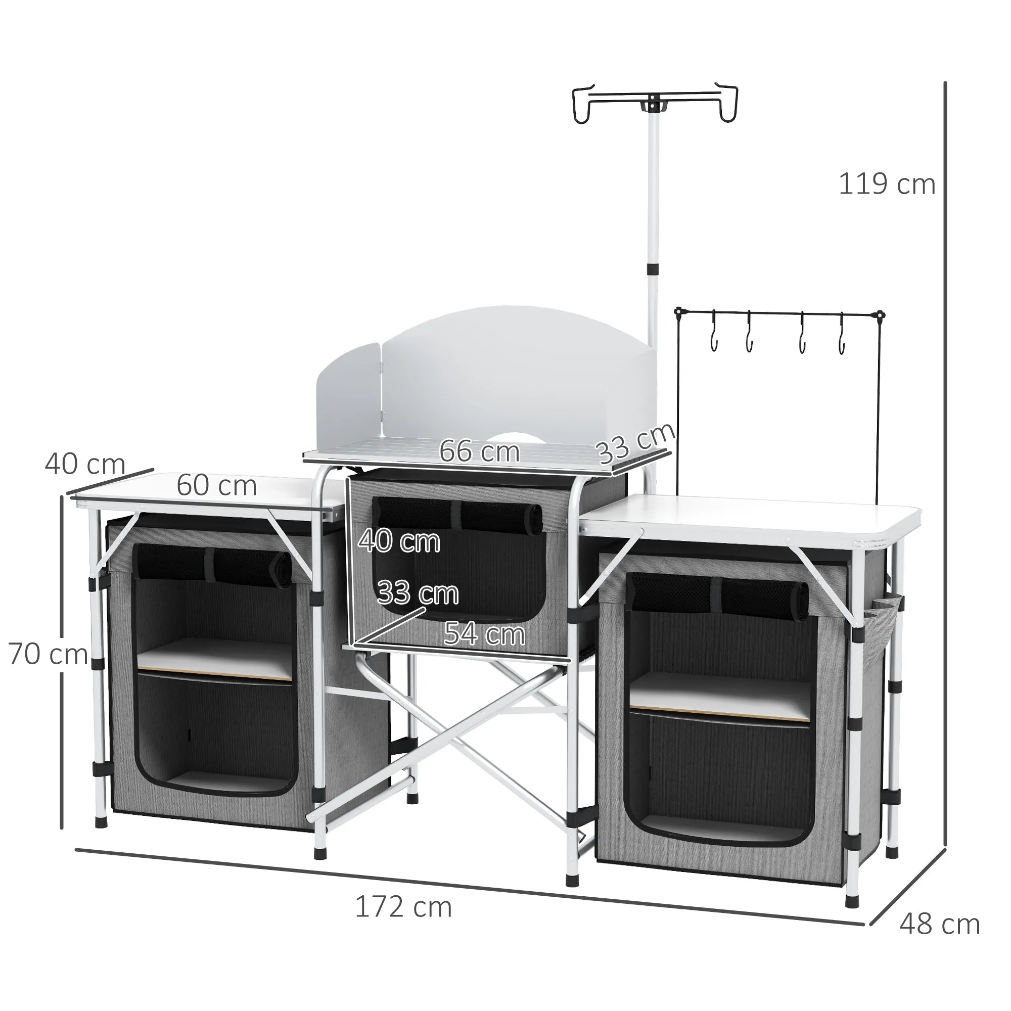 Folding Camping Kitchen with 5 Internal Shelves and 4 Hooks, 172x48x119 cm, Grey and Silver - Image 3