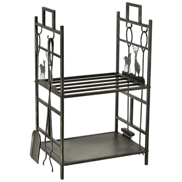 Wrought Iron Log Holder with Fireplace Tools, Handles and Raised Base, 51.5x33x77cm, Black