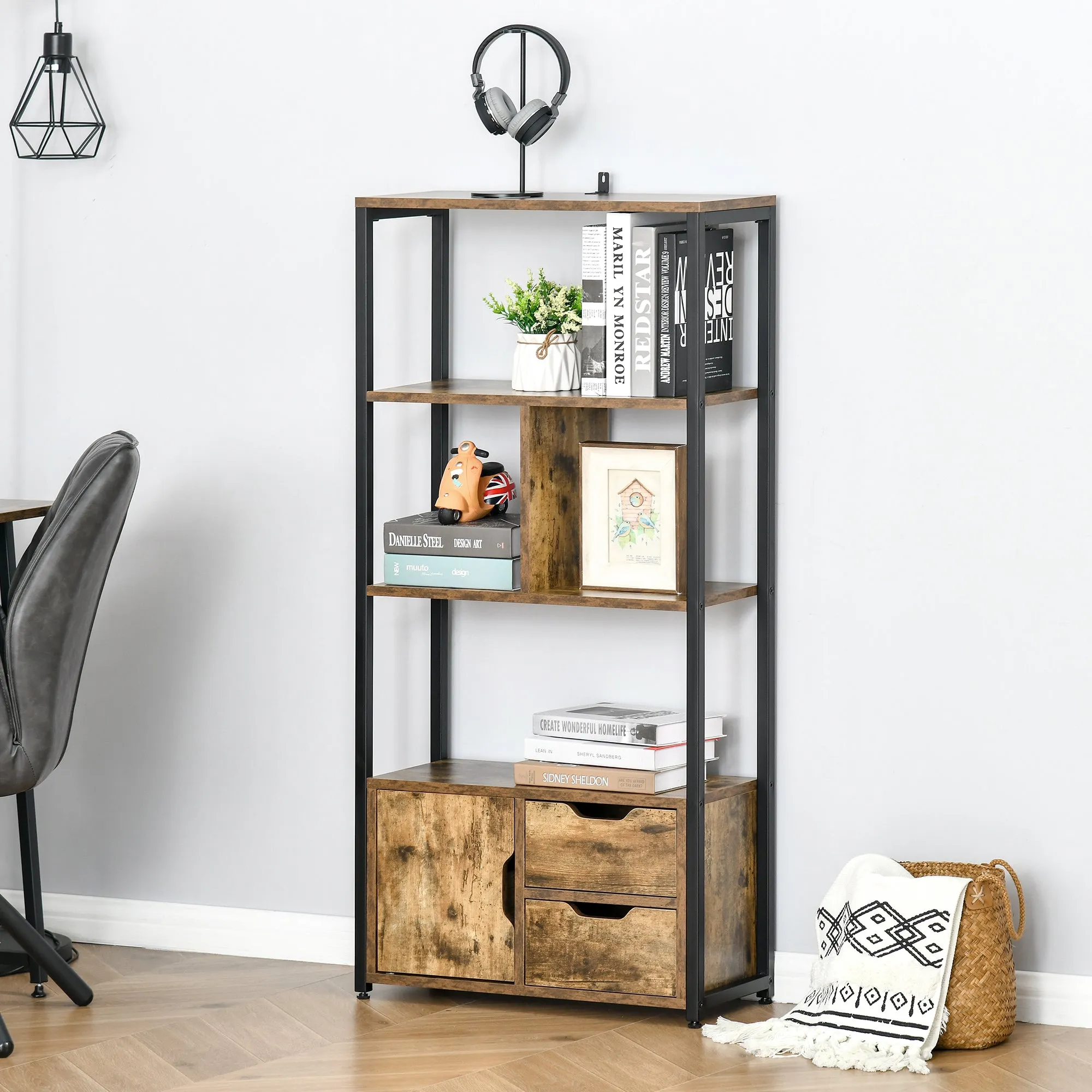 Bookcase Cabinet with 3 Shelves, Cabinet and 2 Drawers, in Chipboard and Metal, 58x24x122 cm - Image 2