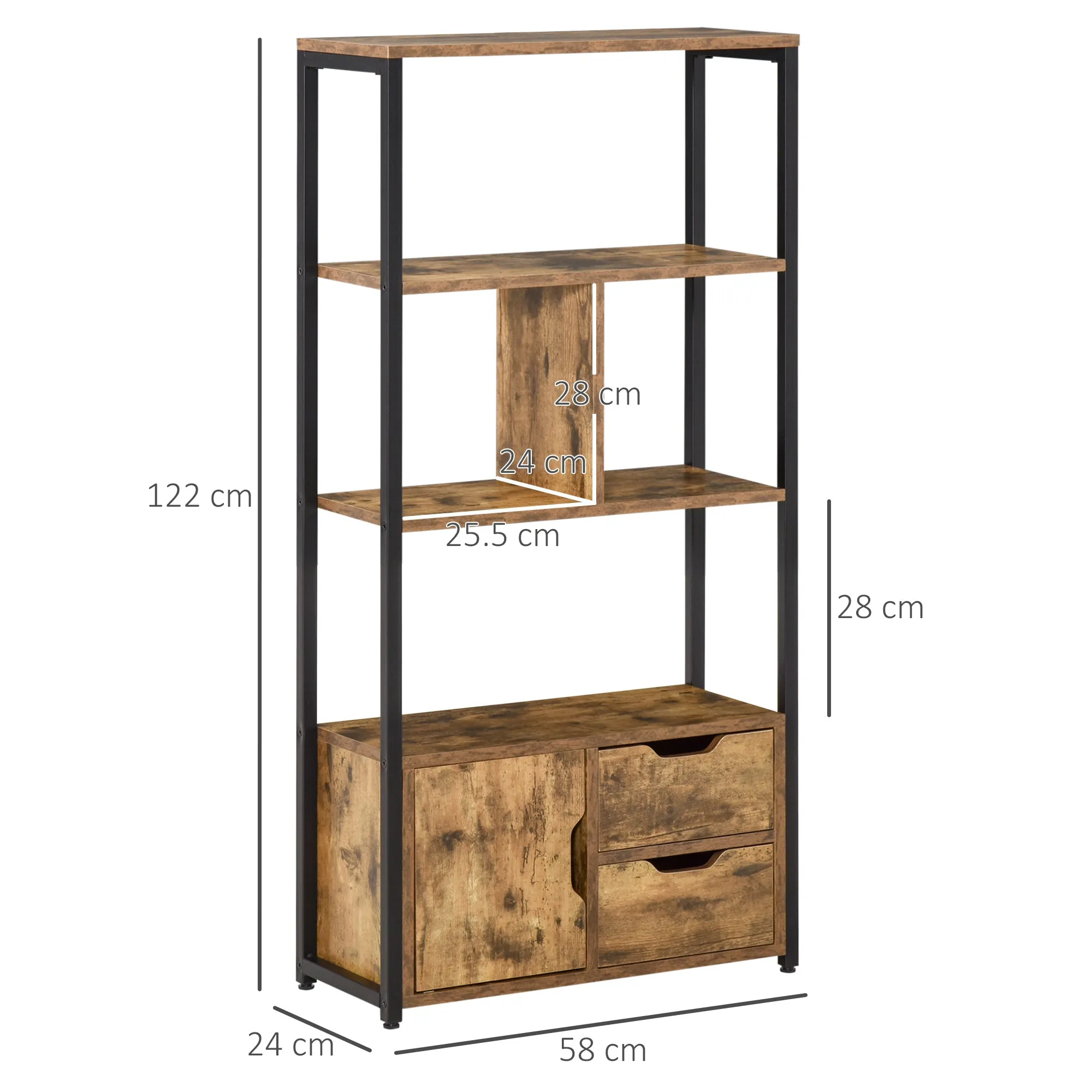 Bookcase Cabinet with 3 Shelves, Cabinet and 2 Drawers, in Chipboard and Metal, 58x24x122 cm - Image 3