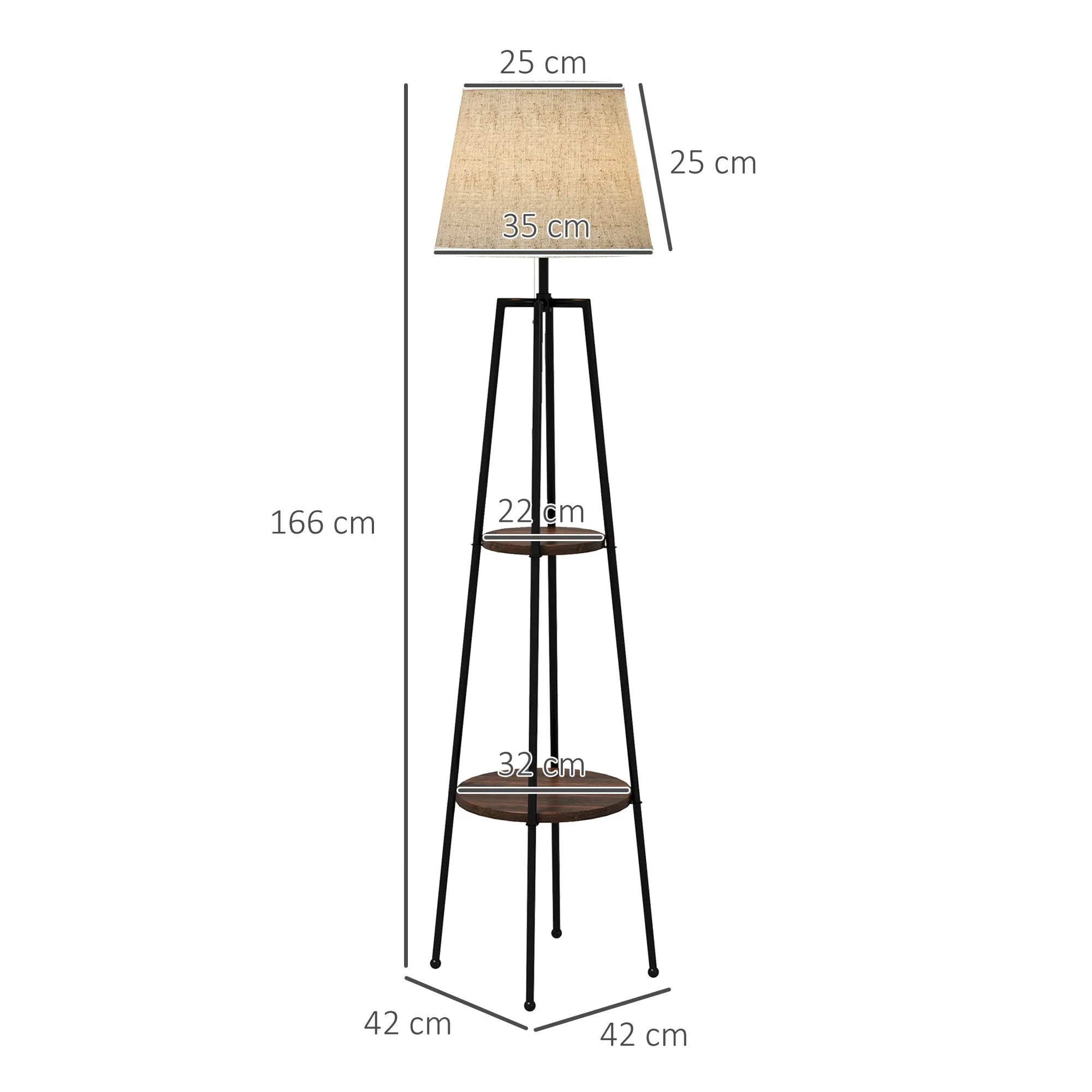 Floor Lamp with 2 Shelves in Metal and MDF with Fabric Lampshade, Ø42x166 cm, Black and Brown - Image 2