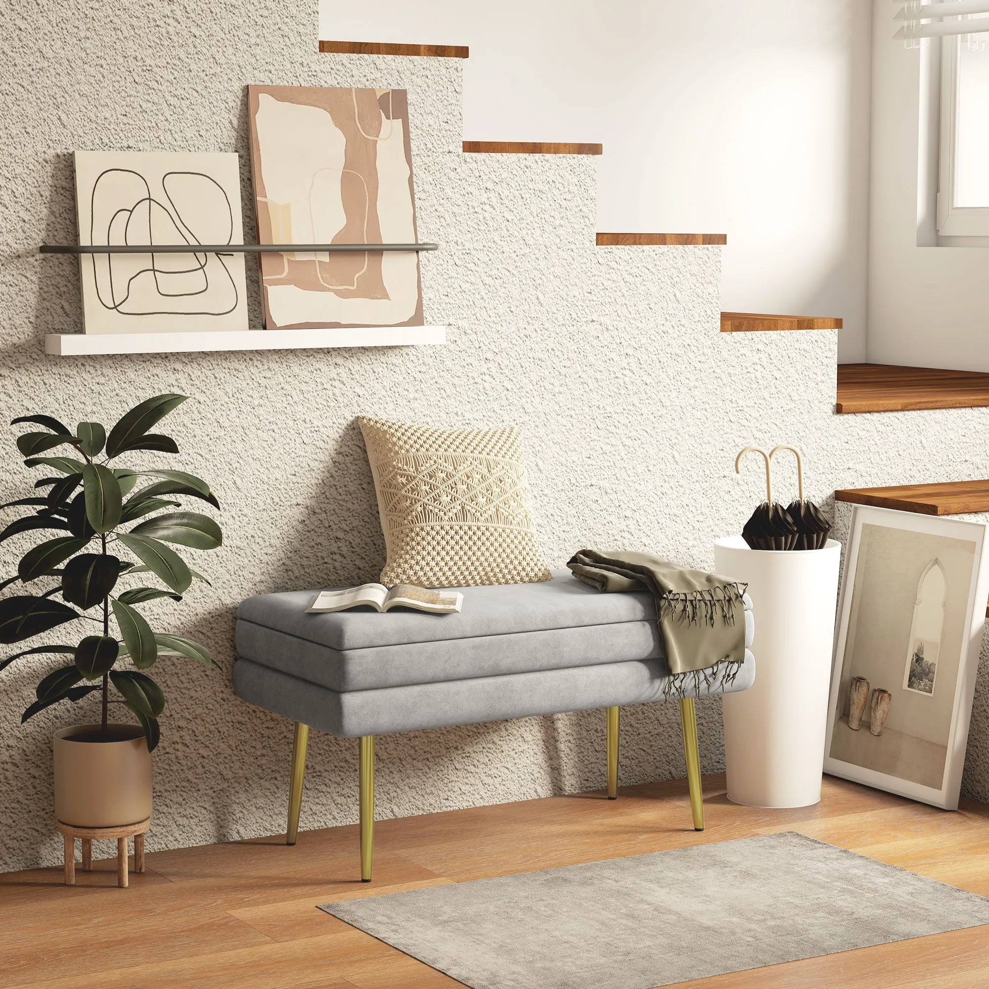 Bed Bottom Bench with Storage Space, in Steel and Polyester, 79.5x37.5x43 cm, Gray - Image 2