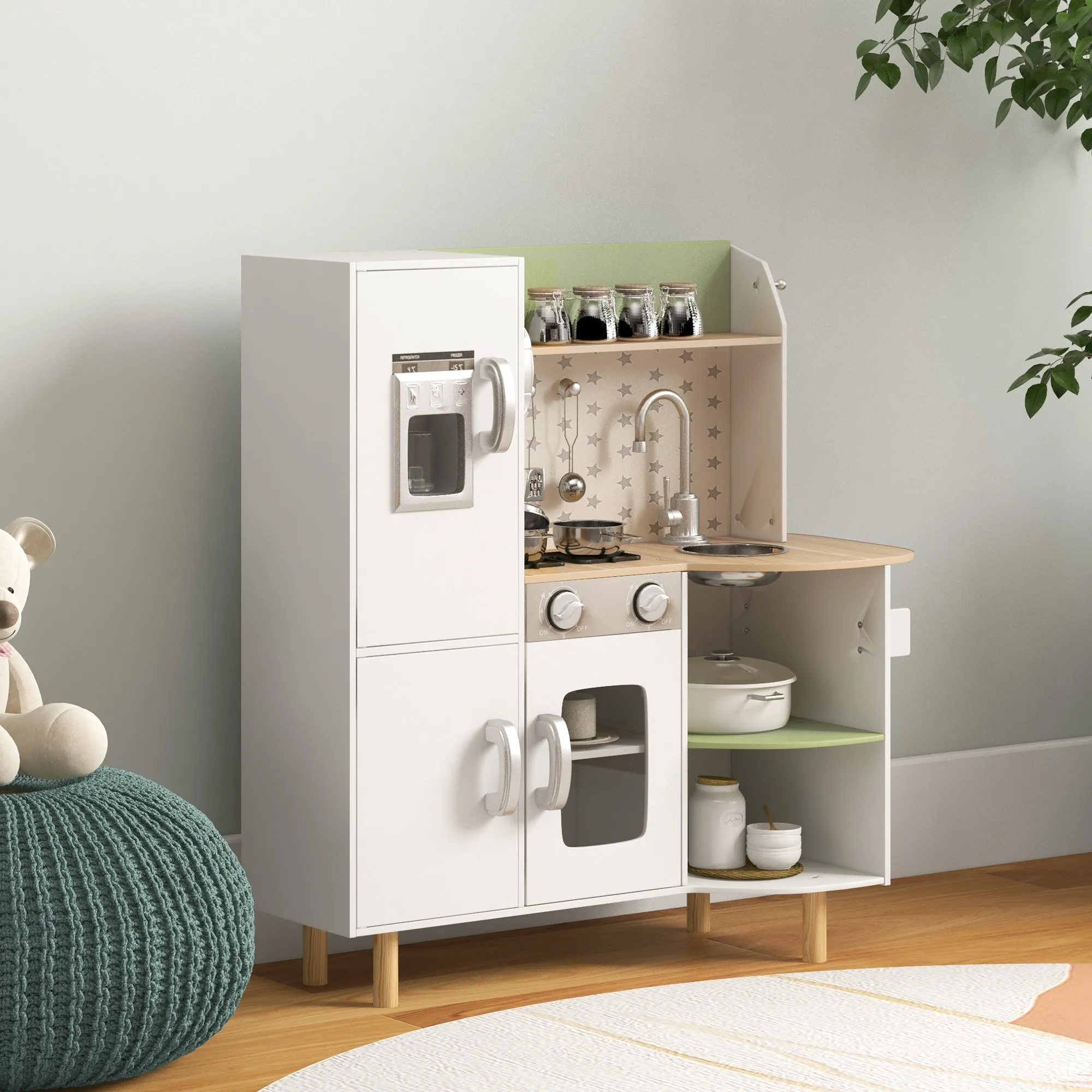 Toy Kitchen for Children 3-6 Years with Ice Maker and Utensils, 84x34x89 cm, White and Green - Image 2
