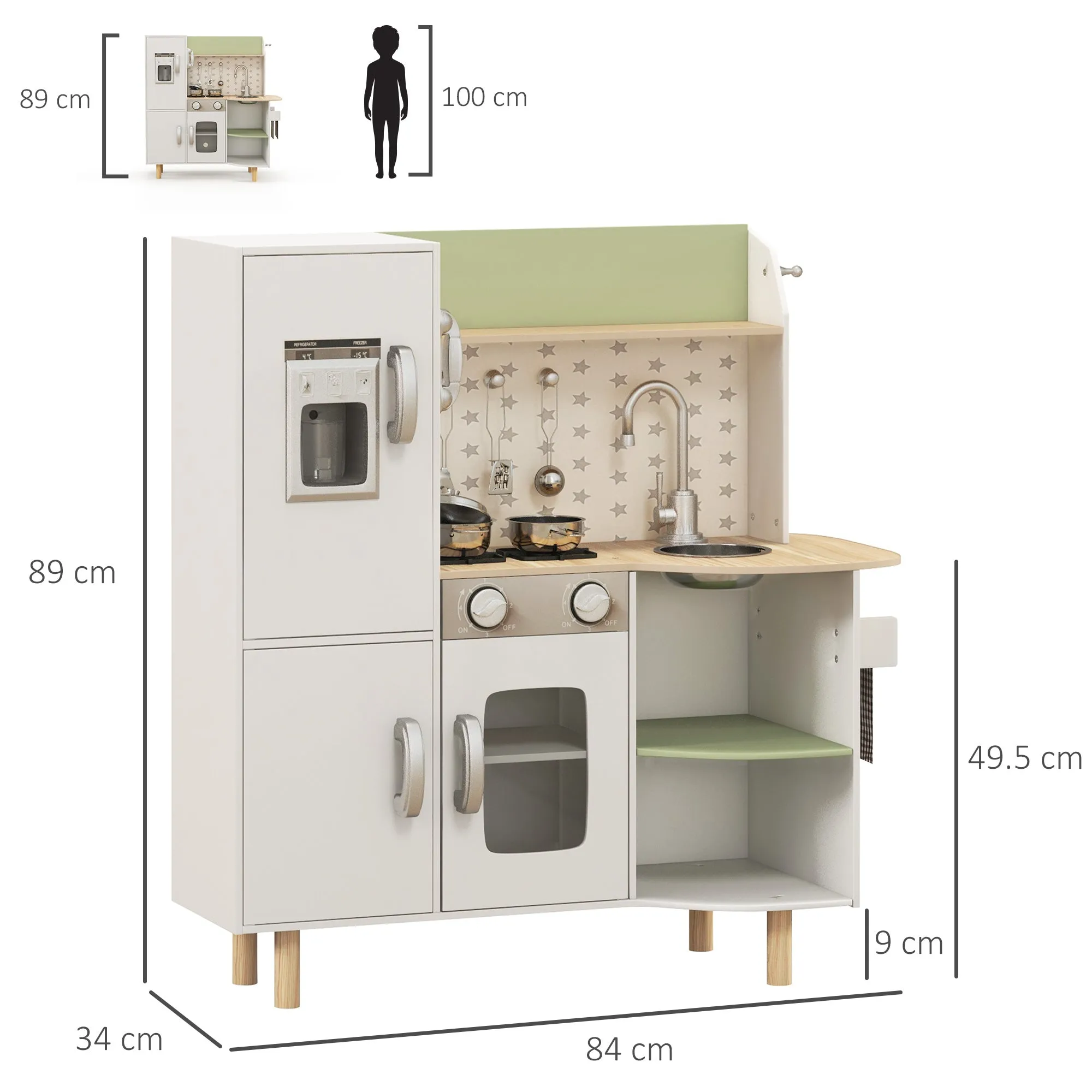 Toy Kitchen for Children 3-6 Years with Ice Maker and Utensils, 84x34x89 cm, White and Green - Image 3