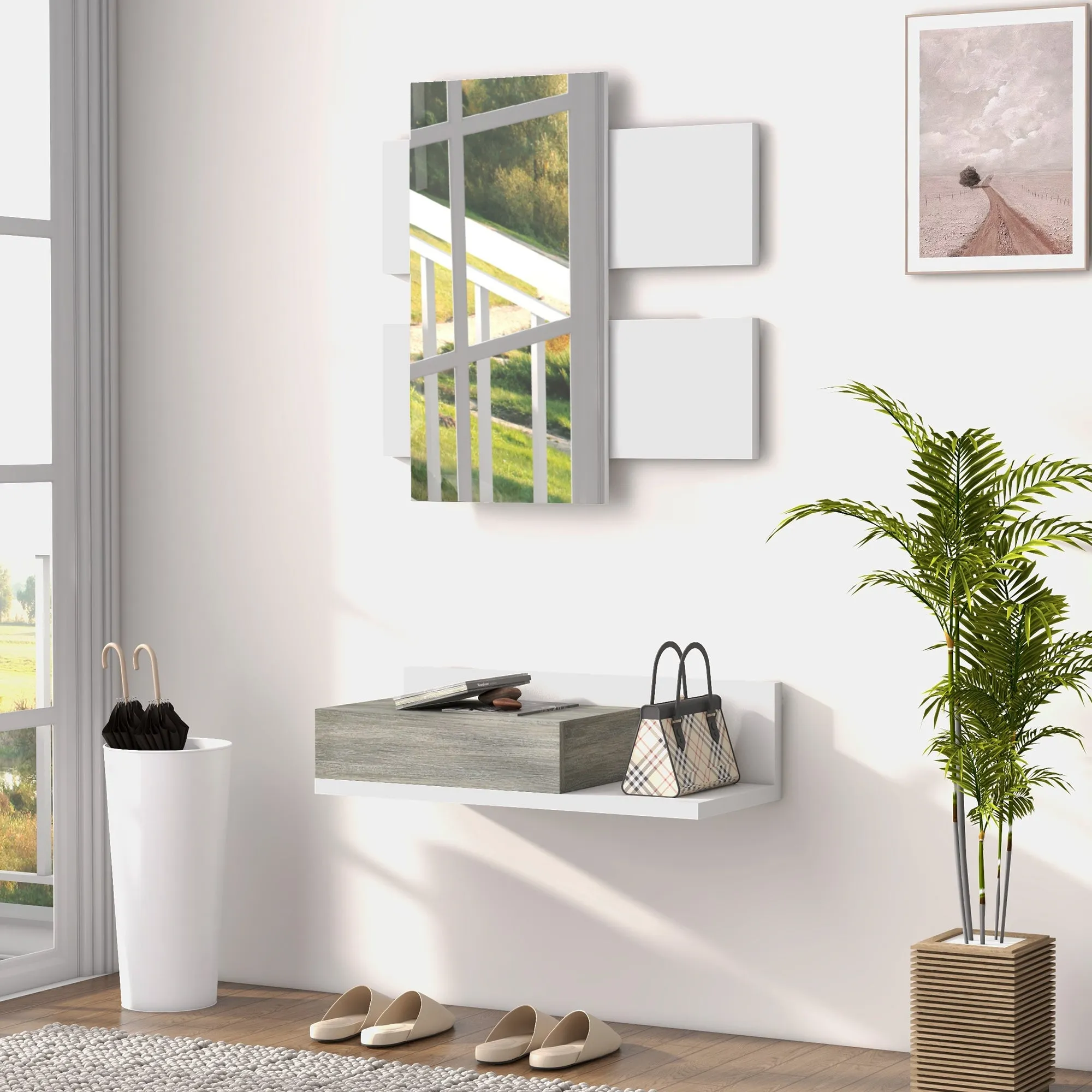 Hallway Cabinet with Wall Mirror 75x3.5x75 cm and Drawer 75x30.5x20 cm, Grey and White - Image 2