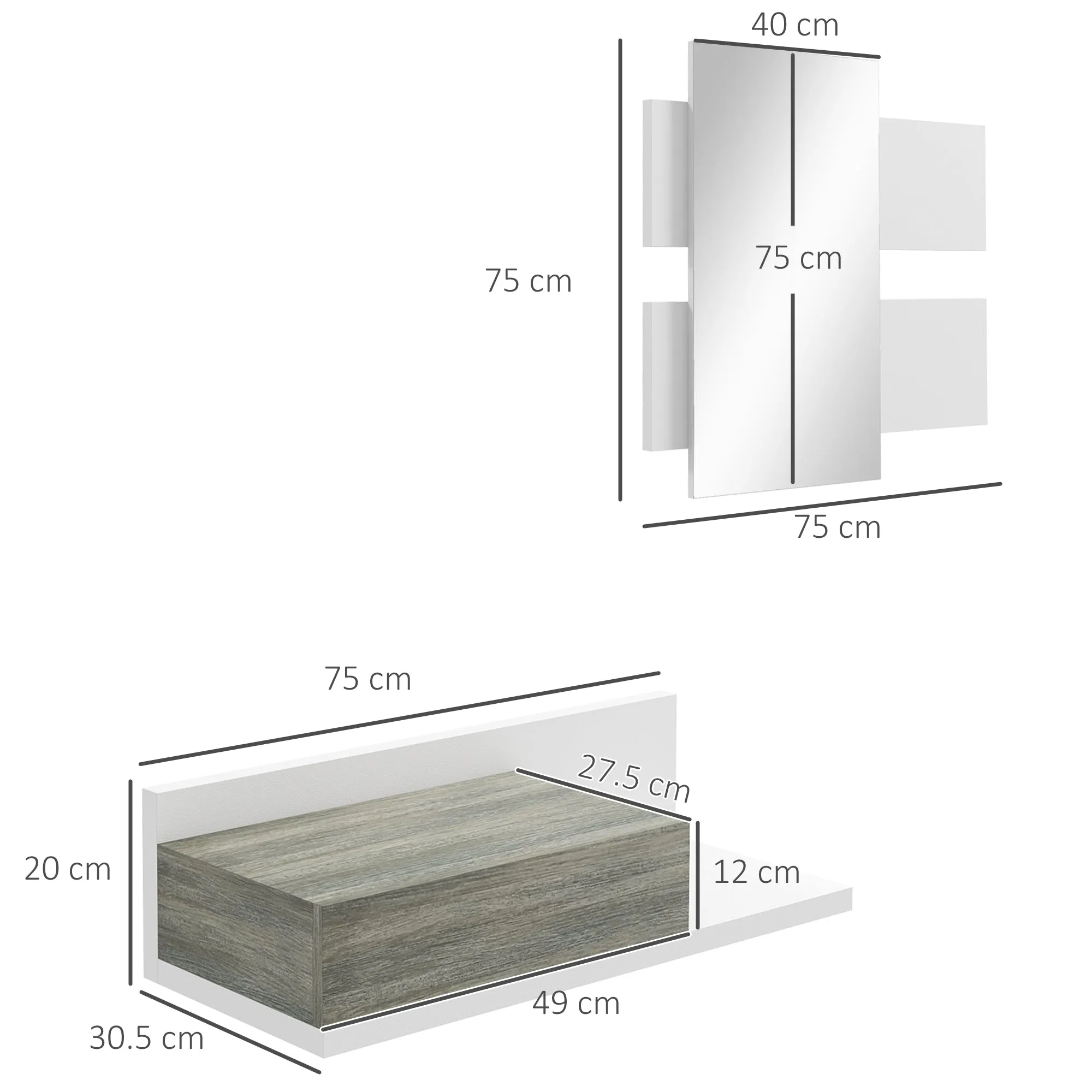 Hallway Cabinet with Wall Mirror 75x3.5x75 cm and Drawer 75x30.5x20 cm, Grey and White - Image 3