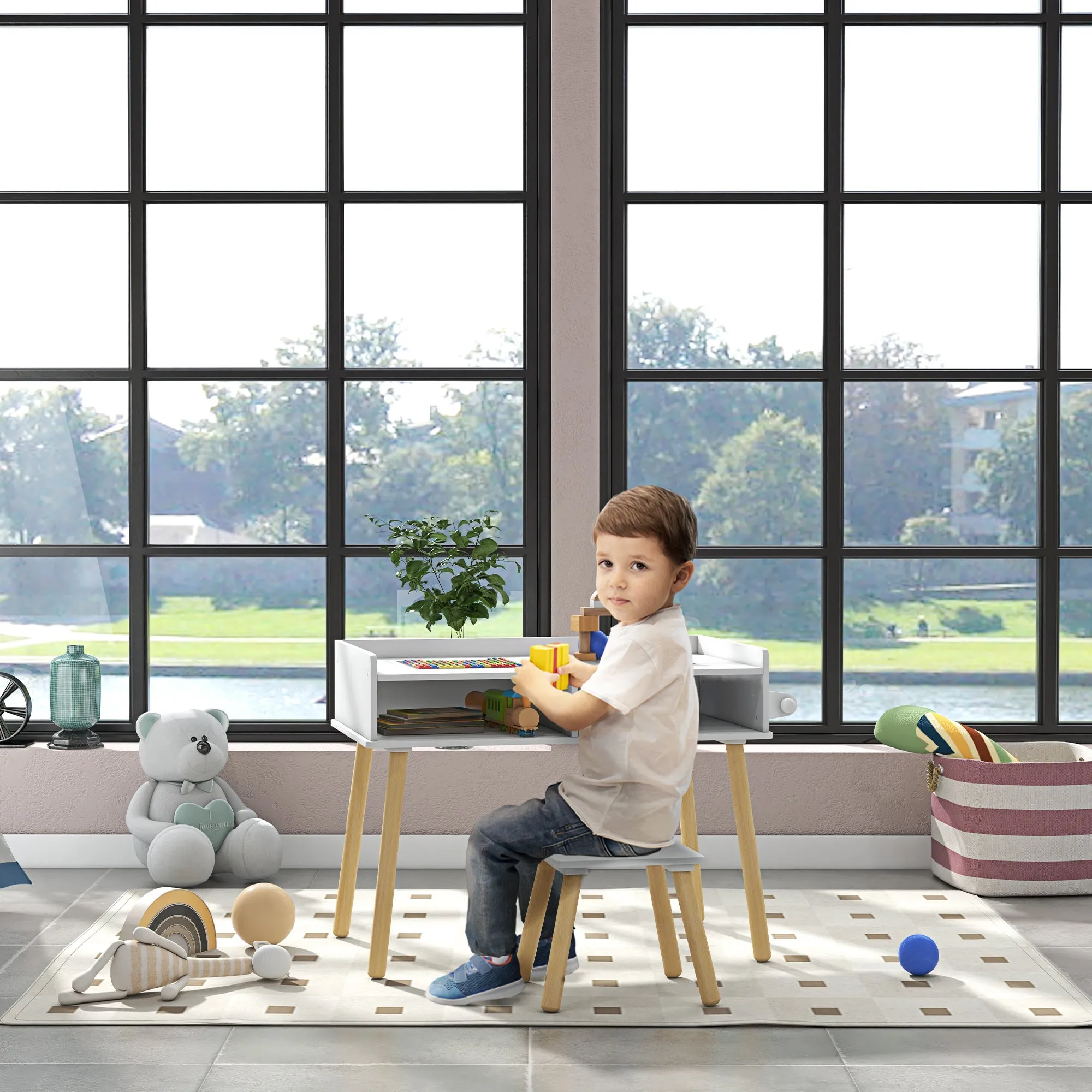 Children's Table and Stool Set, Reversible Table Top and Paper Roll, White - Image 2