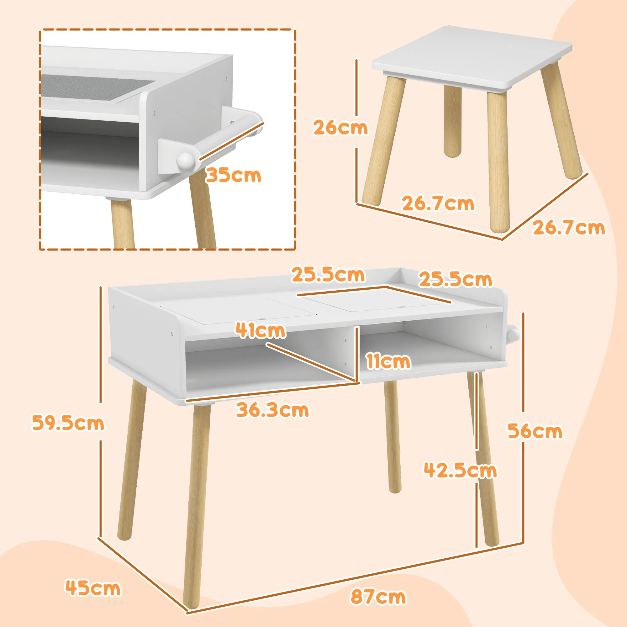 Children's Table and Stool Set, Reversible Table Top and Paper Roll, White - Image 3