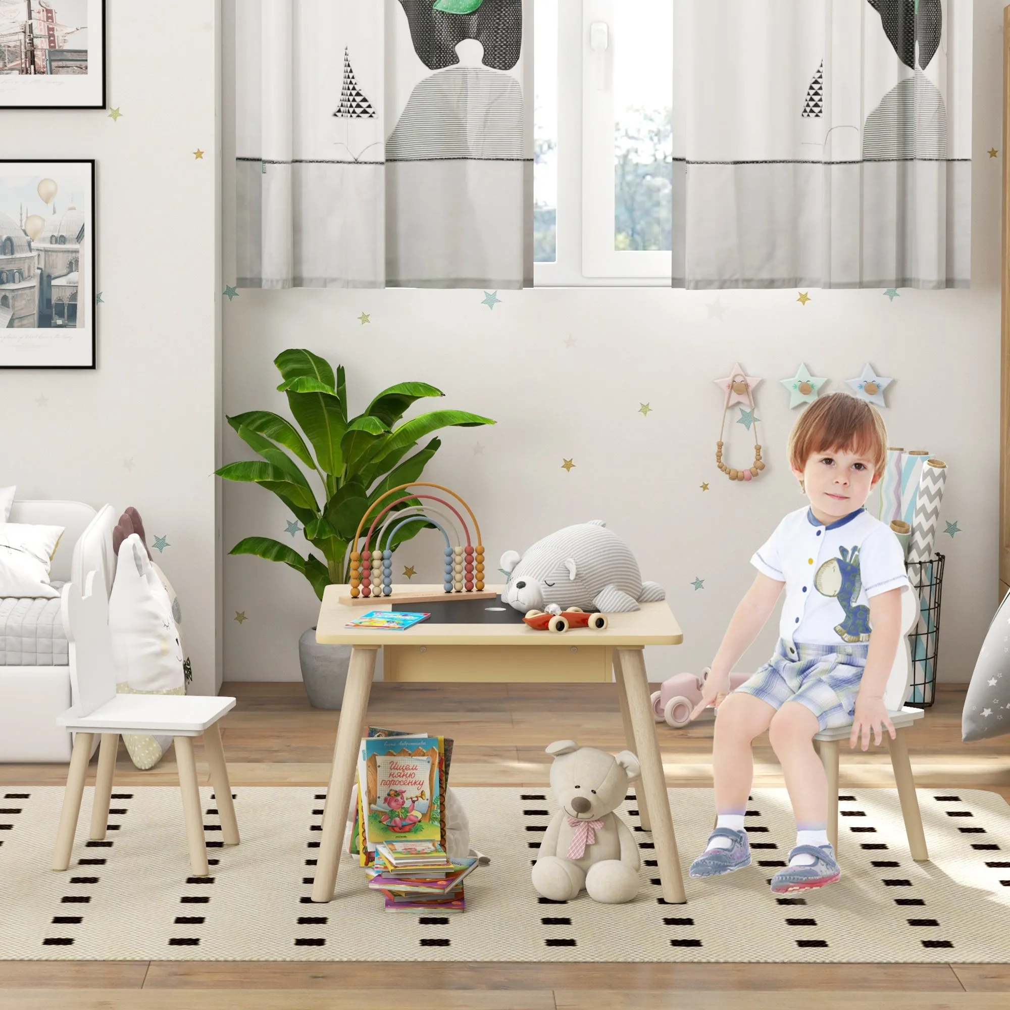 3 in 1 Table and 2 Chairs Set for Children with Bear Backrest, Age 3-6 Years, Wood Color - Image 2