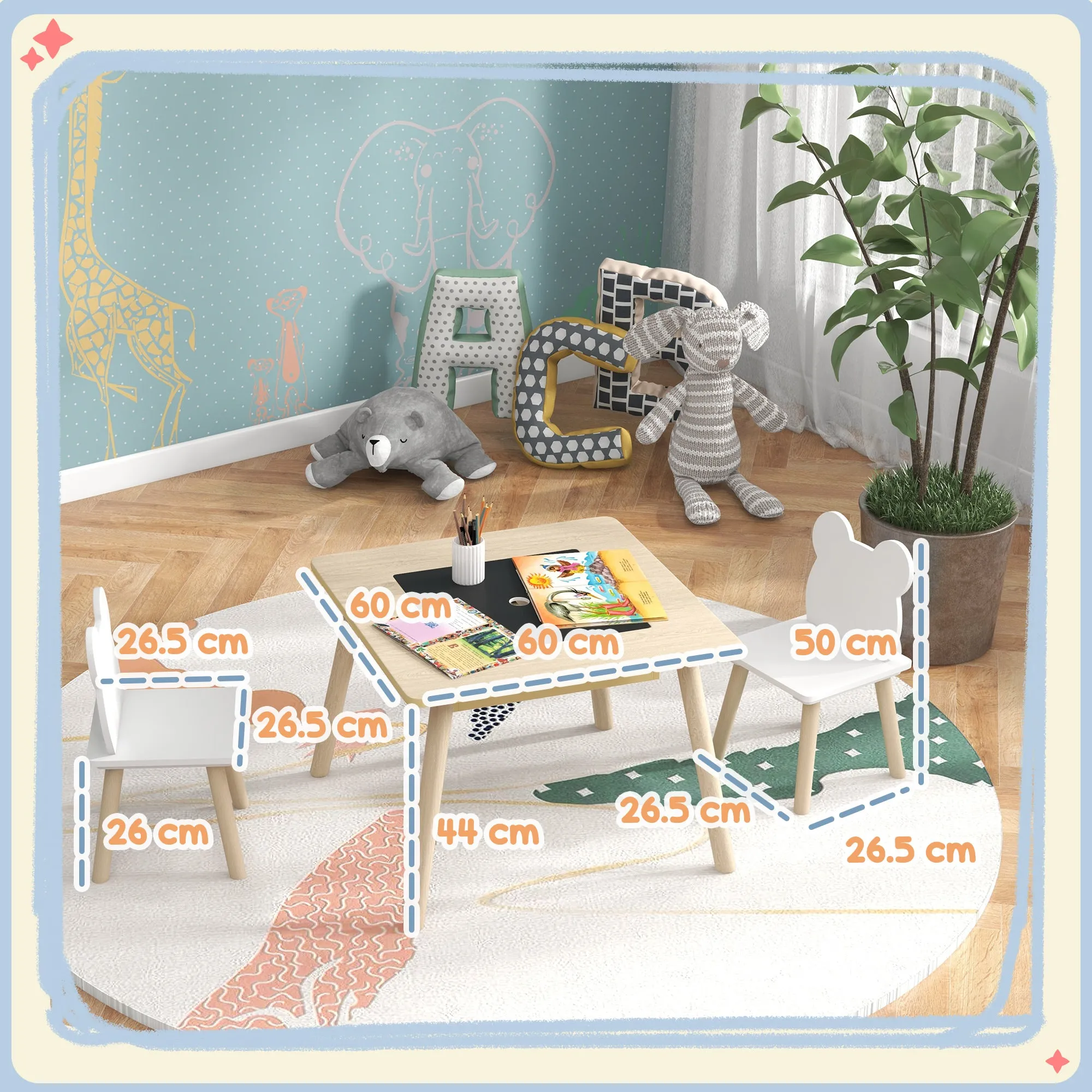 3 in 1 Table and 2 Chairs Set for Children with Bear Backrest, Age 3-6 Years, Wood Color - Image 3