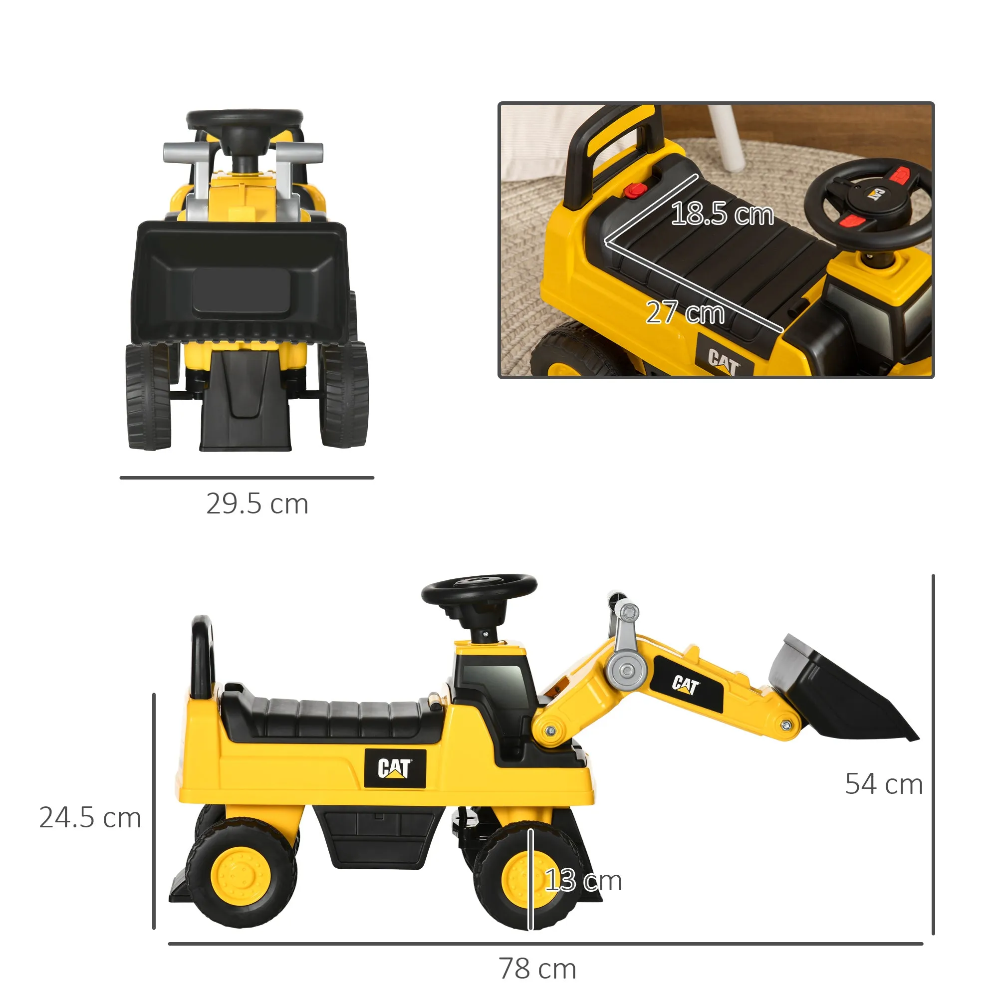 Bulldozer Toy for Children 18 and 36 Months with Excavator and Storage Space, 78x29.5x54 cm, Yellow and Black - Image 3