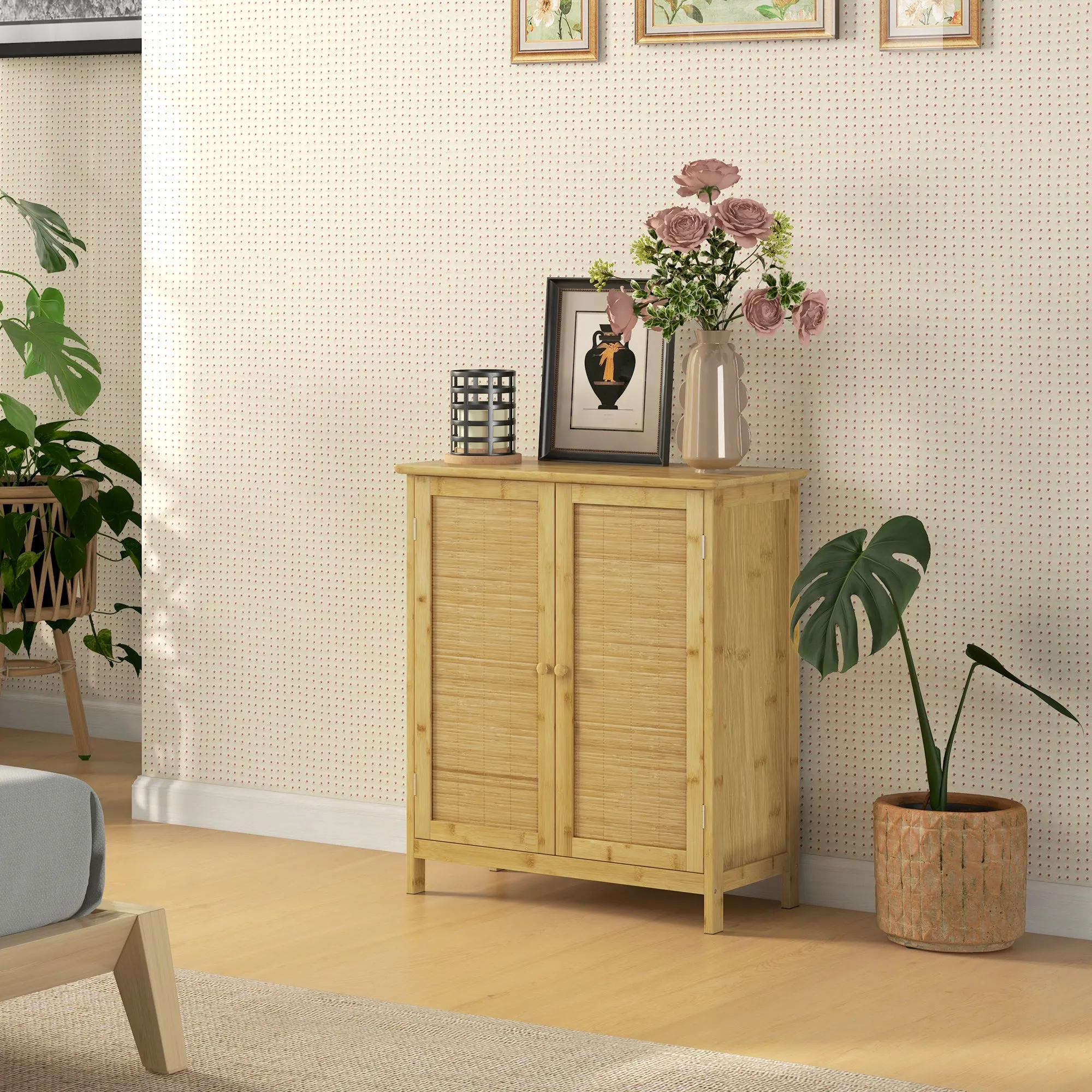 Boho Style Sideboard in Rattan and Bamboo with 2 Doors and Internal Shelf, 60x27x67.5cm, Wood Color - Image 2