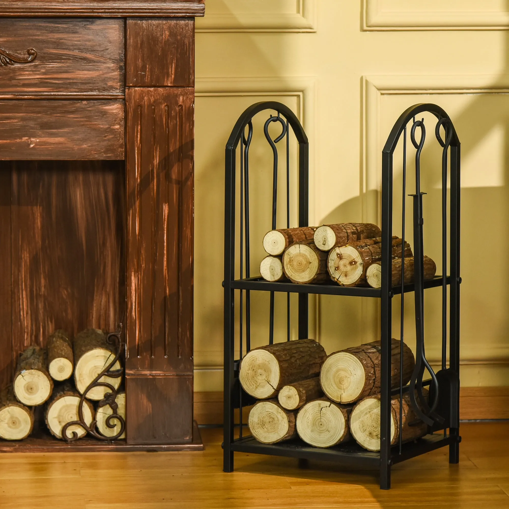 Metal Firewood Rack with Shovel, Broom, Poke Utensil and Tongs, 41.5x32. 5x74. 5 cm, Black - Image 2