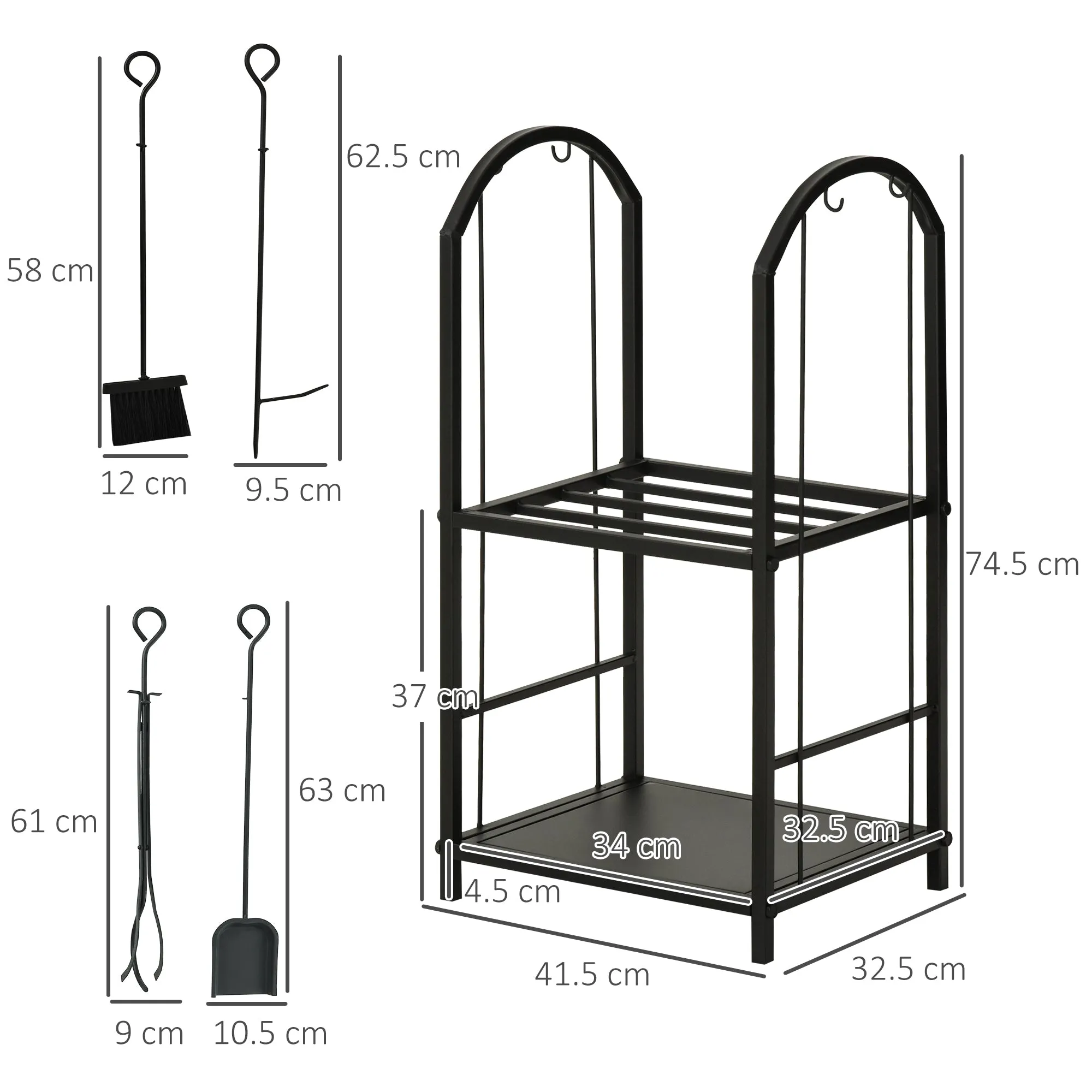 Metal Firewood Rack with Shovel, Broom, Poke Utensil and Tongs, 41.5x32. 5x74. 5 cm, Black - Image 3