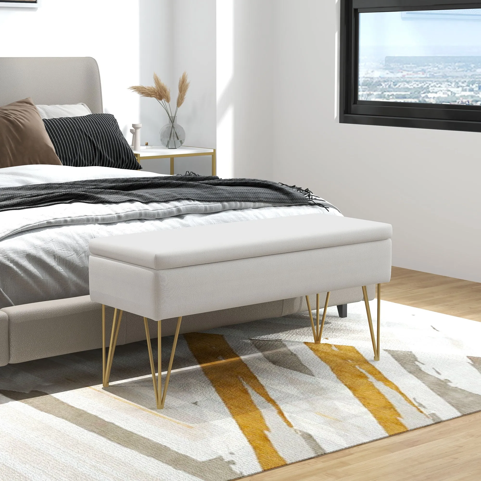 Bed End Bench with Fabric Storage and Steel Legs, 100x40x49cm, Cream - Image 2