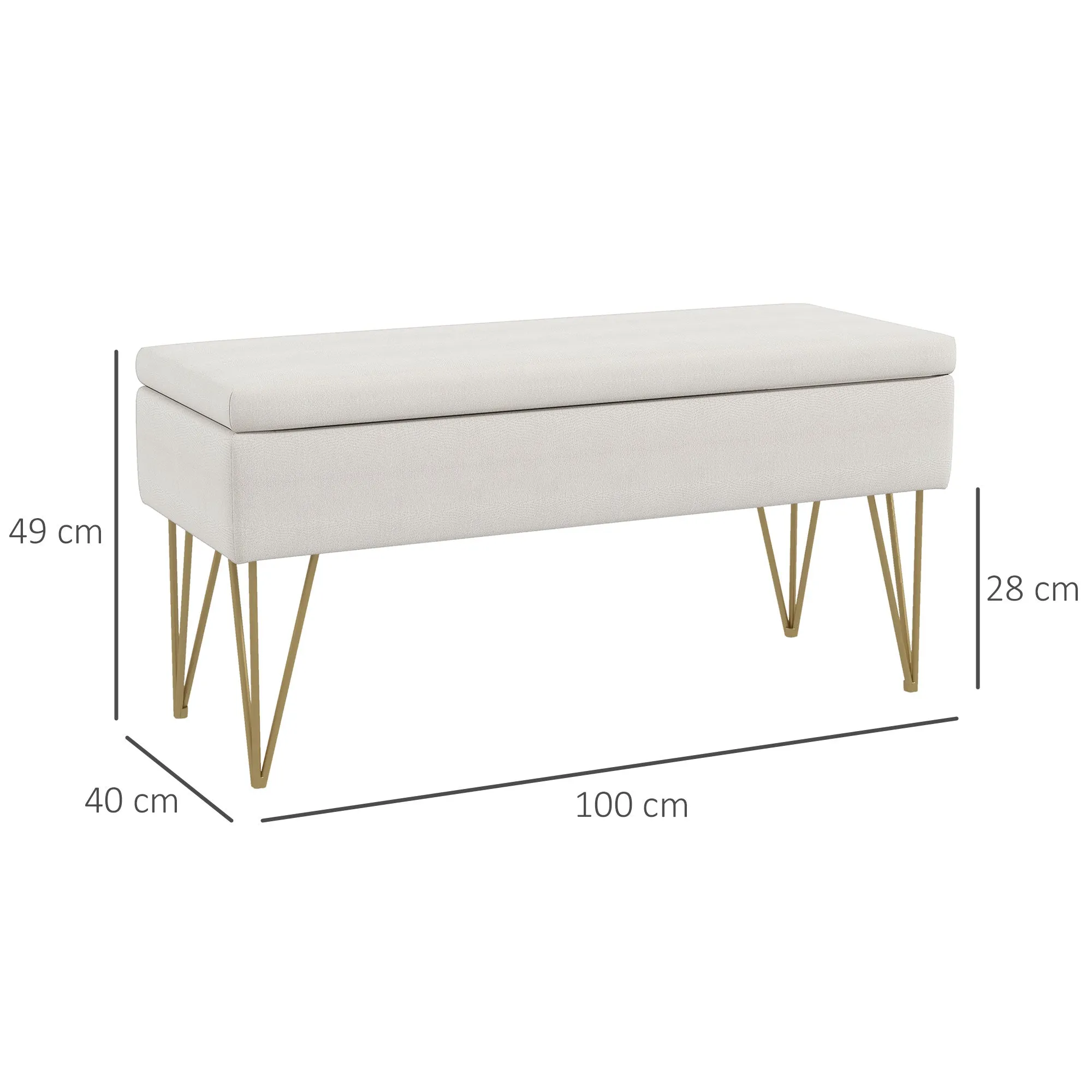 Bed End Bench with Fabric Storage and Steel Legs, 100x40x49cm, Cream - Image 3