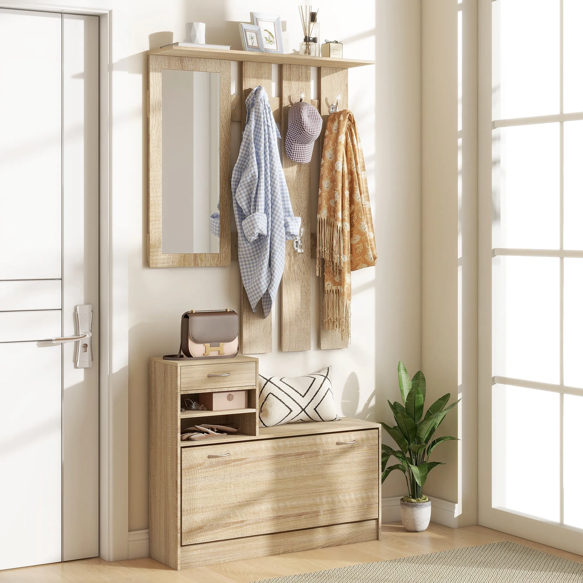 TWENTY | Coat Stand 3 in 1 with Shoe Rack and Mirror, Hooks and Drawers, in Wood, 90x24x177 cm, Oak color - Image 2