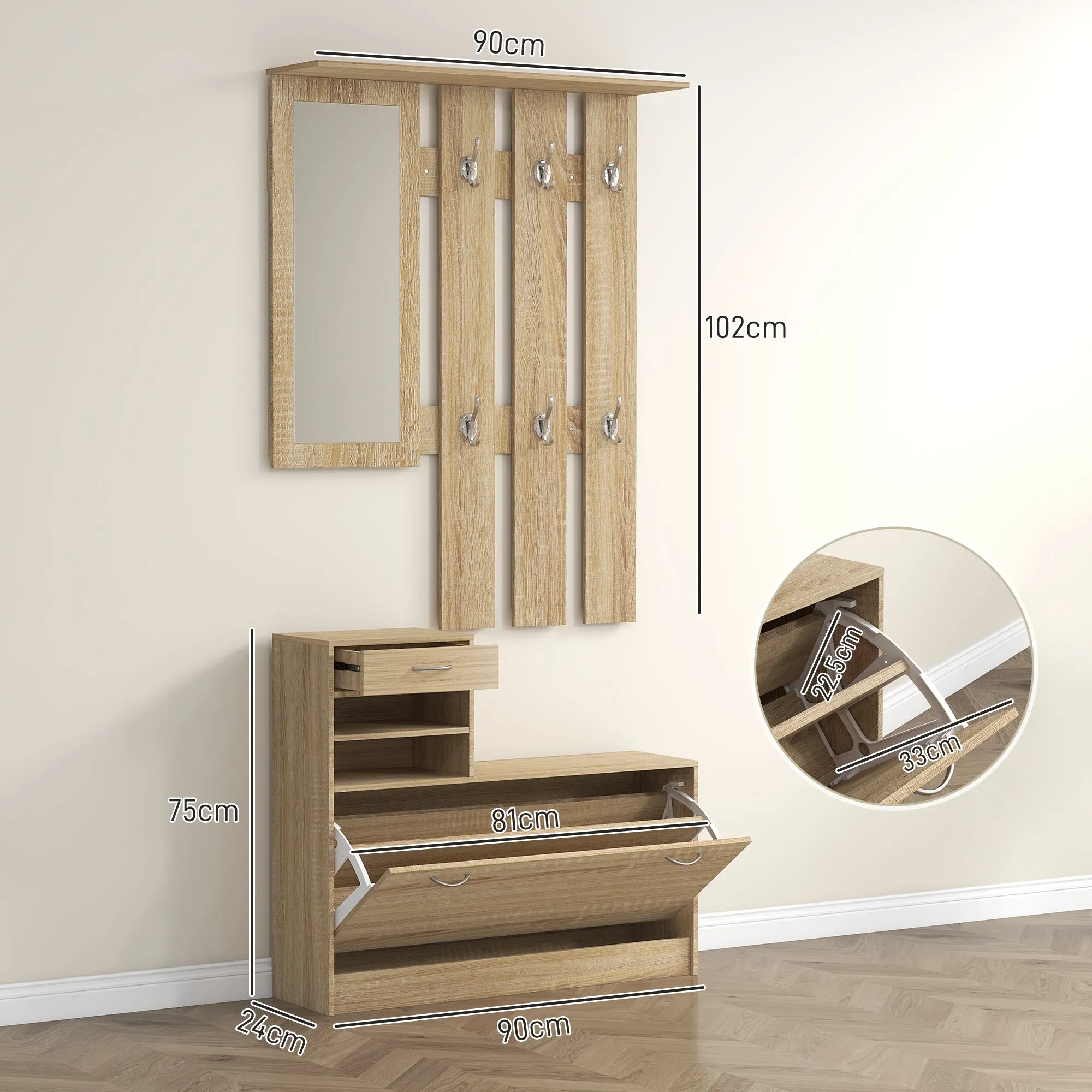 TWENTY | Coat Stand 3 in 1 with Shoe Rack and Mirror, Hooks and Drawers, in Wood, 90x24x177 cm, Oak color - Image 3