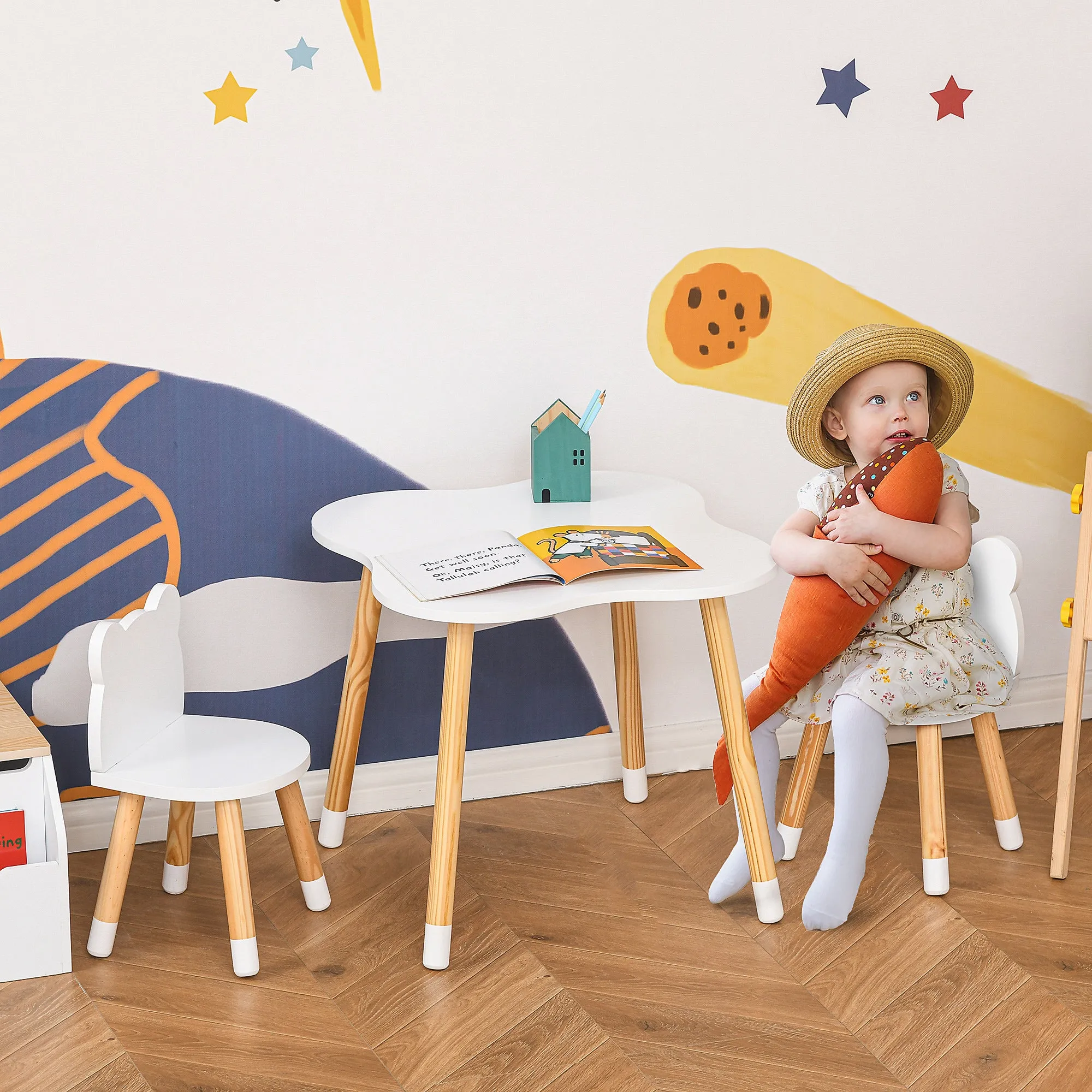Children's Wooden Teddy Bear Table and 2 Chairs Set, White - Image 2