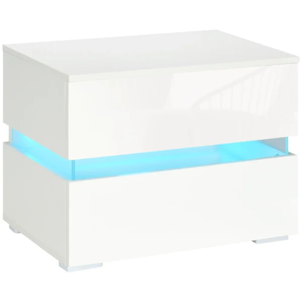 Bedside Table with Built-in RGB LED Light with 2 Drawers, 4 Light Modes and 16 Colors, Chipboard, 60x39x47cm, White
