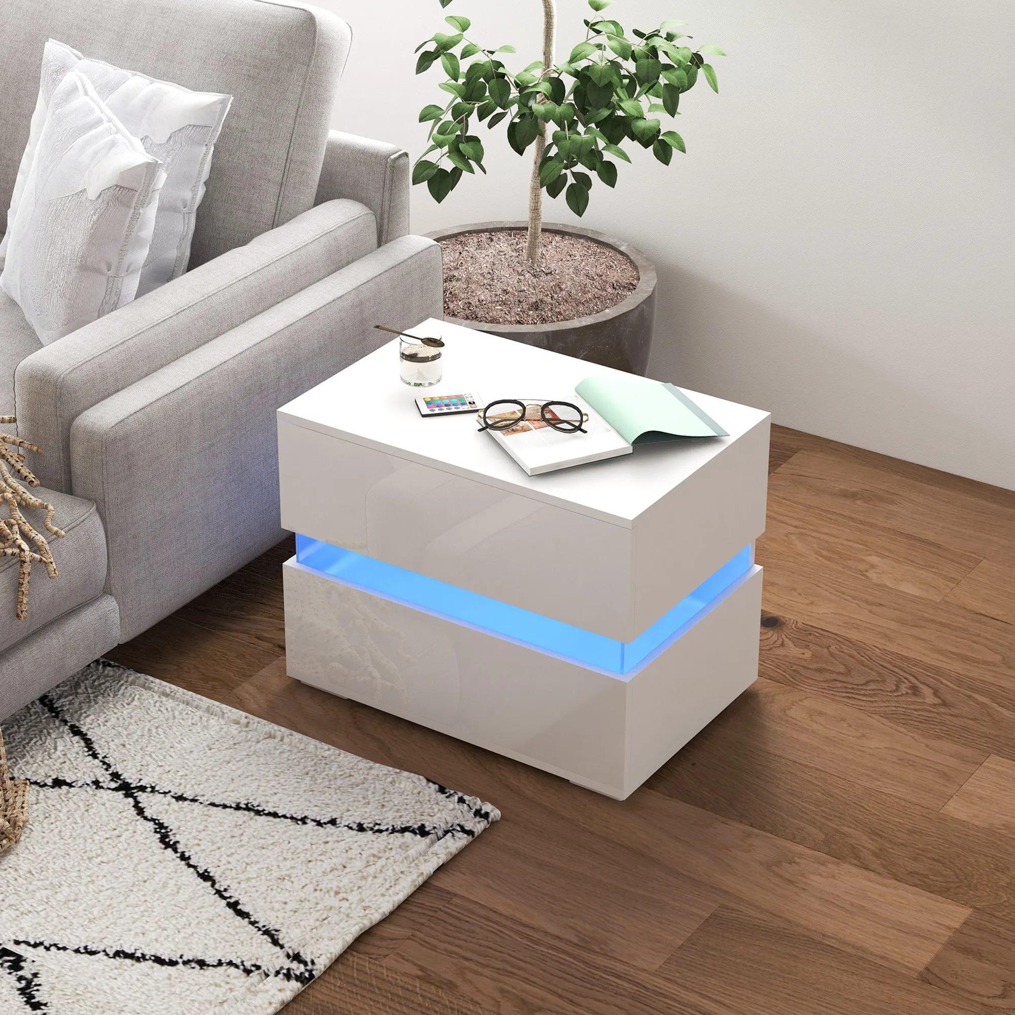Bedside Table with Built-in RGB LED Light with 2 Drawers, 4 Light Modes and 16 Colors, Chipboard, 60x39x47cm, White - Image 2