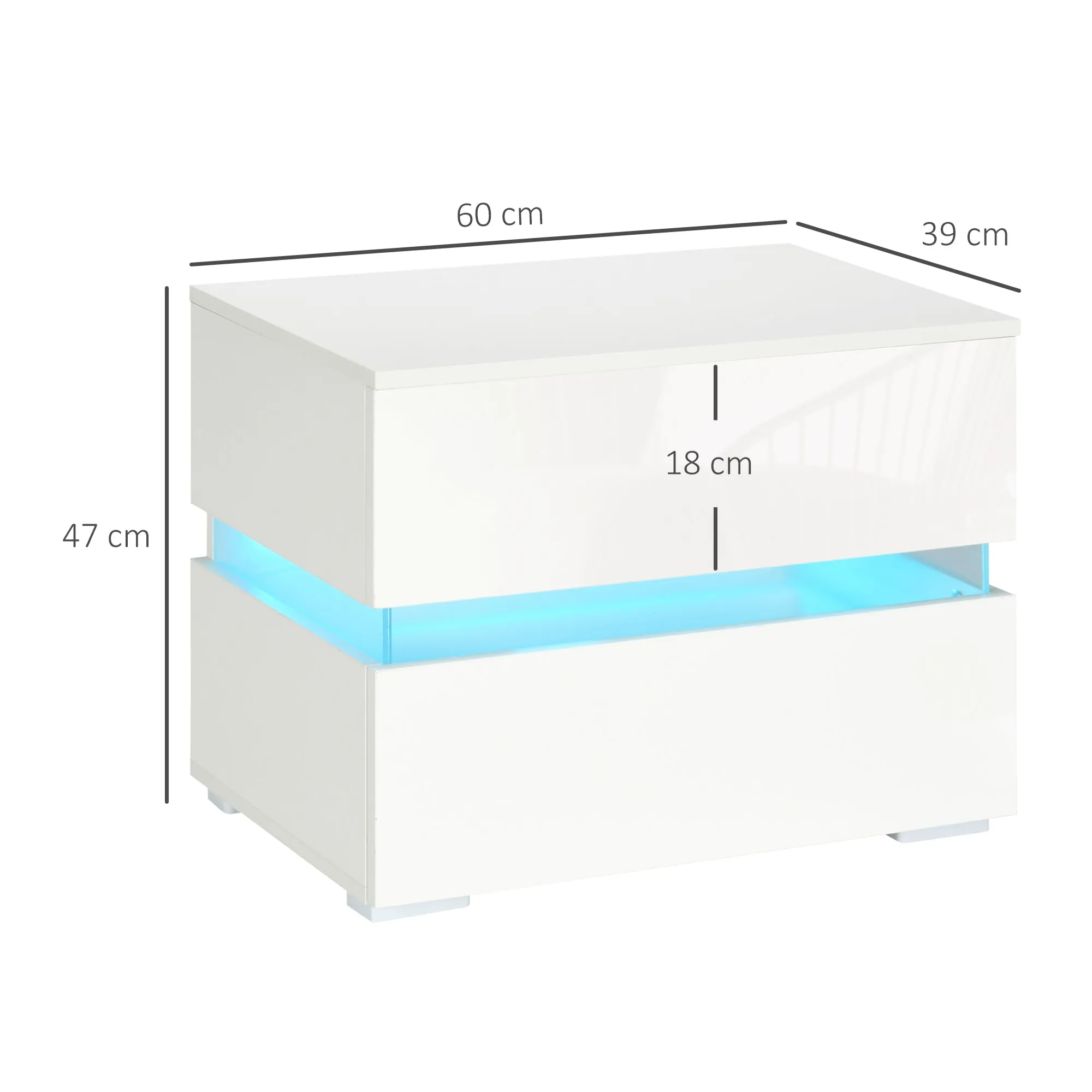 Bedside Table with Built-in RGB LED Light with 2 Drawers, 4 Light Modes and 16 Colors, Chipboard, 60x39x47cm, White - Image 3