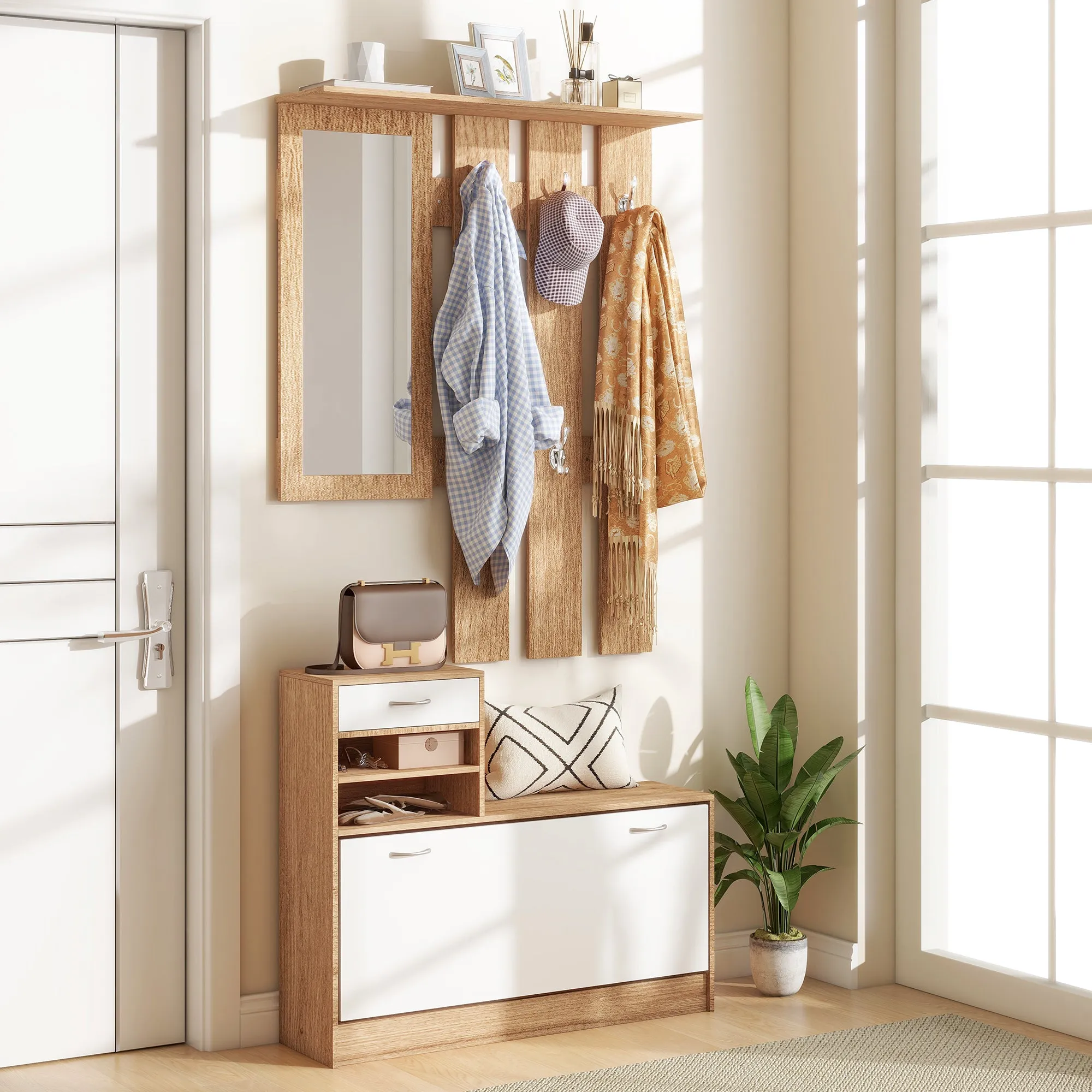TWENTY | Coat Stand 3 in 1 with Shoe Rack and Mirror, Hooks and Drawers, in Wood, 90x24x177 cm, White and Walnut - Image 2