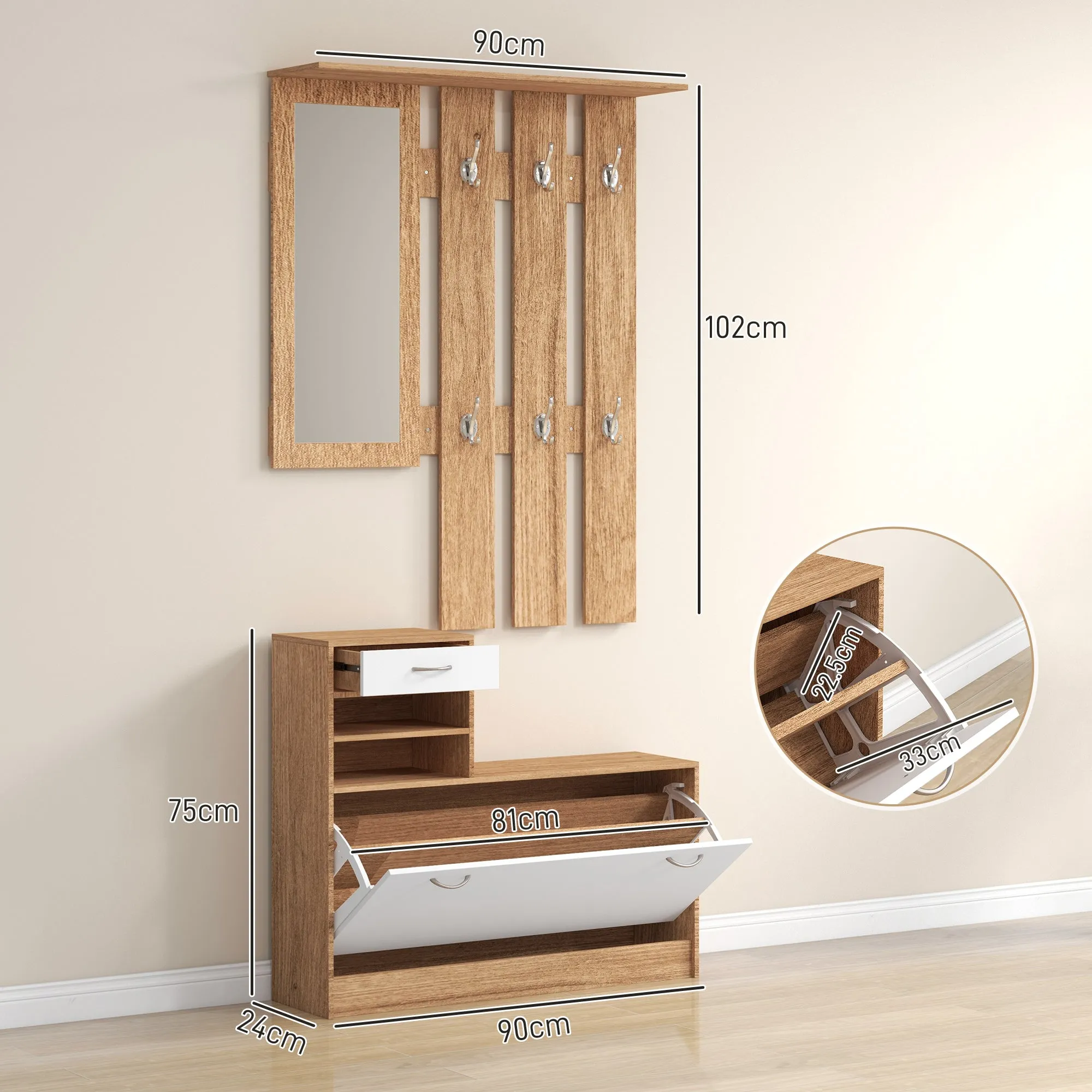 TWENTY | Coat Stand 3 in 1 with Shoe Rack and Mirror, Hooks and Drawers, in Wood, 90x24x177 cm, White and Walnut - Image 3