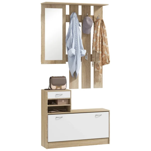 TWENTY | Coat Stand 3 in 1 with Shoe Rack and Mirror, Hooks and Drawers, in Wood, 90x24x177 cm, White and Oak