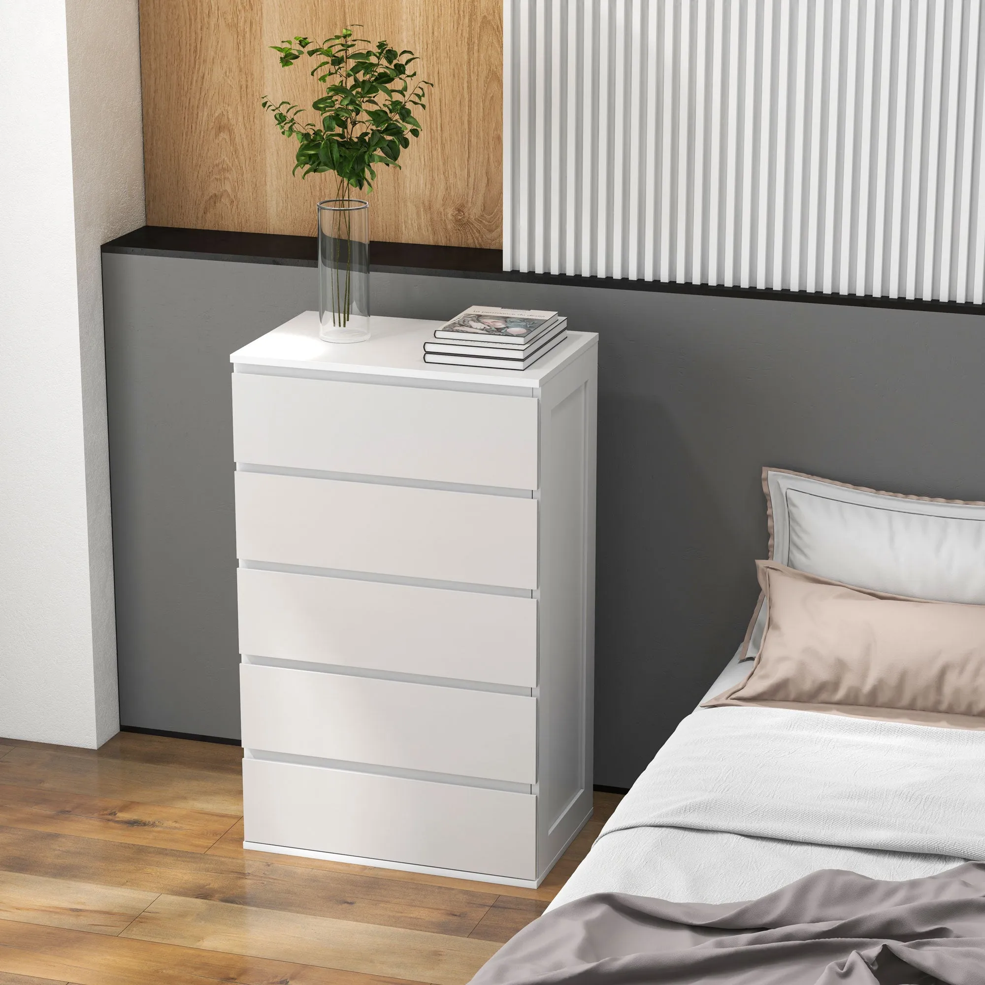 Chest of 5 Wooden Drawers with Grooved Handles, 60x38x100cm, White - Image 2