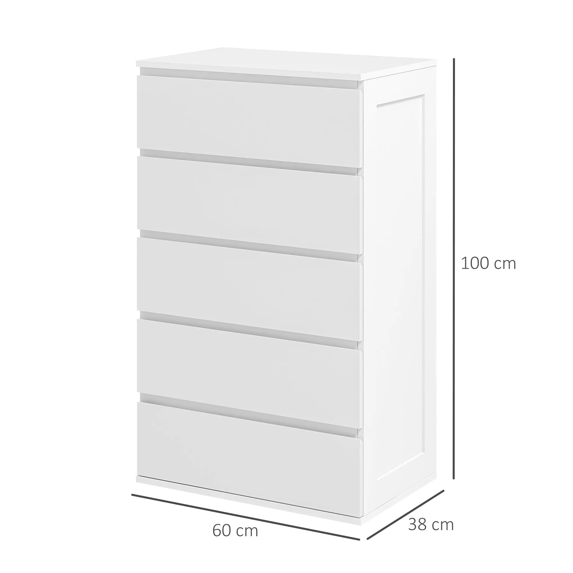 Chest of 5 Wooden Drawers with Grooved Handles, 60x38x100cm, White - Image 3