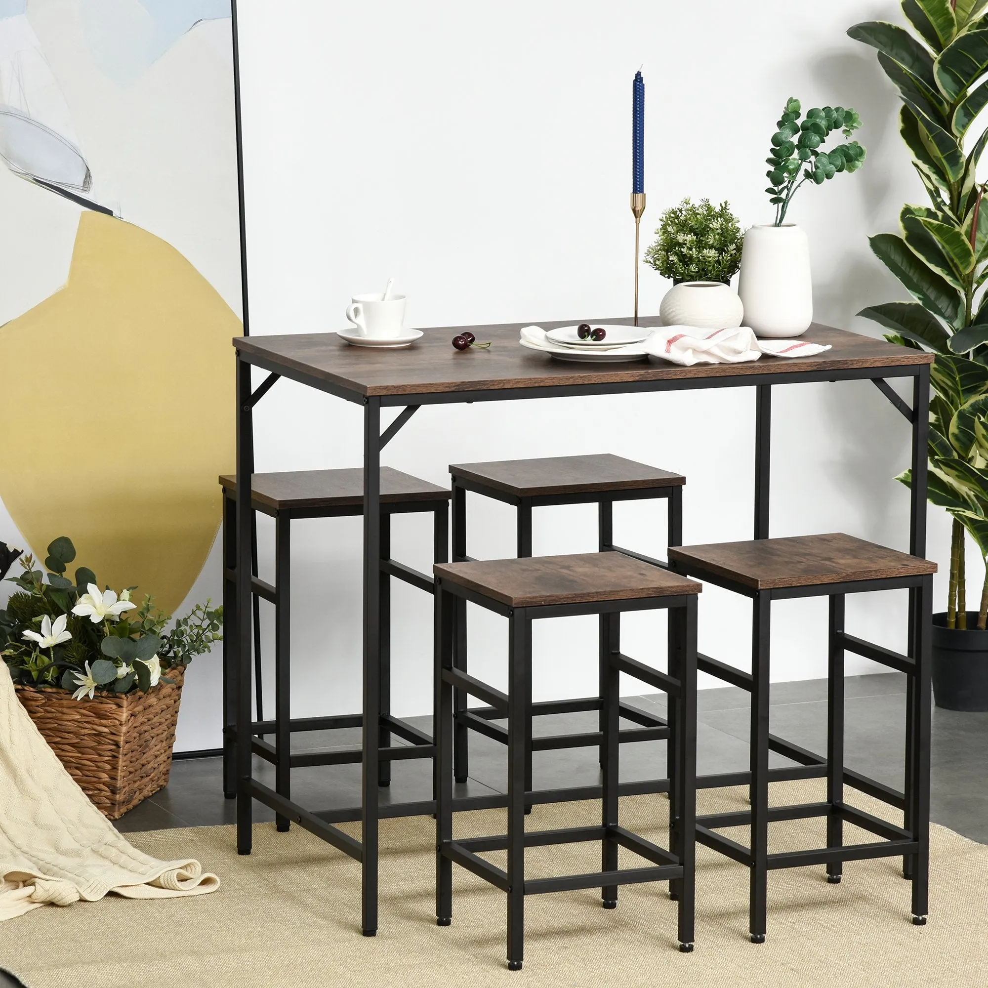 Industrial Style High Table Set with 4 Stools in Metal and Wood, Modern Living Room and Kitchen Furniture, Rustic Brown - Image 2