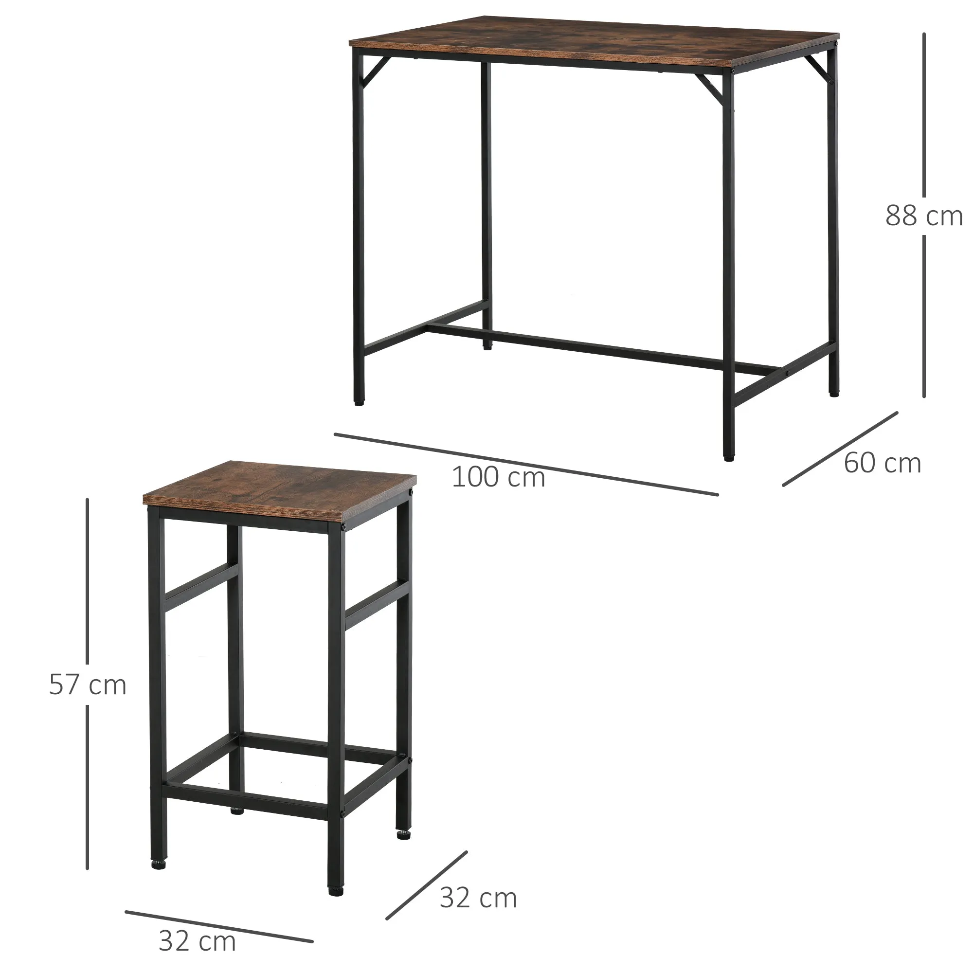 Industrial Style High Table Set with 4 Stools in Metal and Wood, Modern Living Room and Kitchen Furniture, Rustic Brown - Image 3