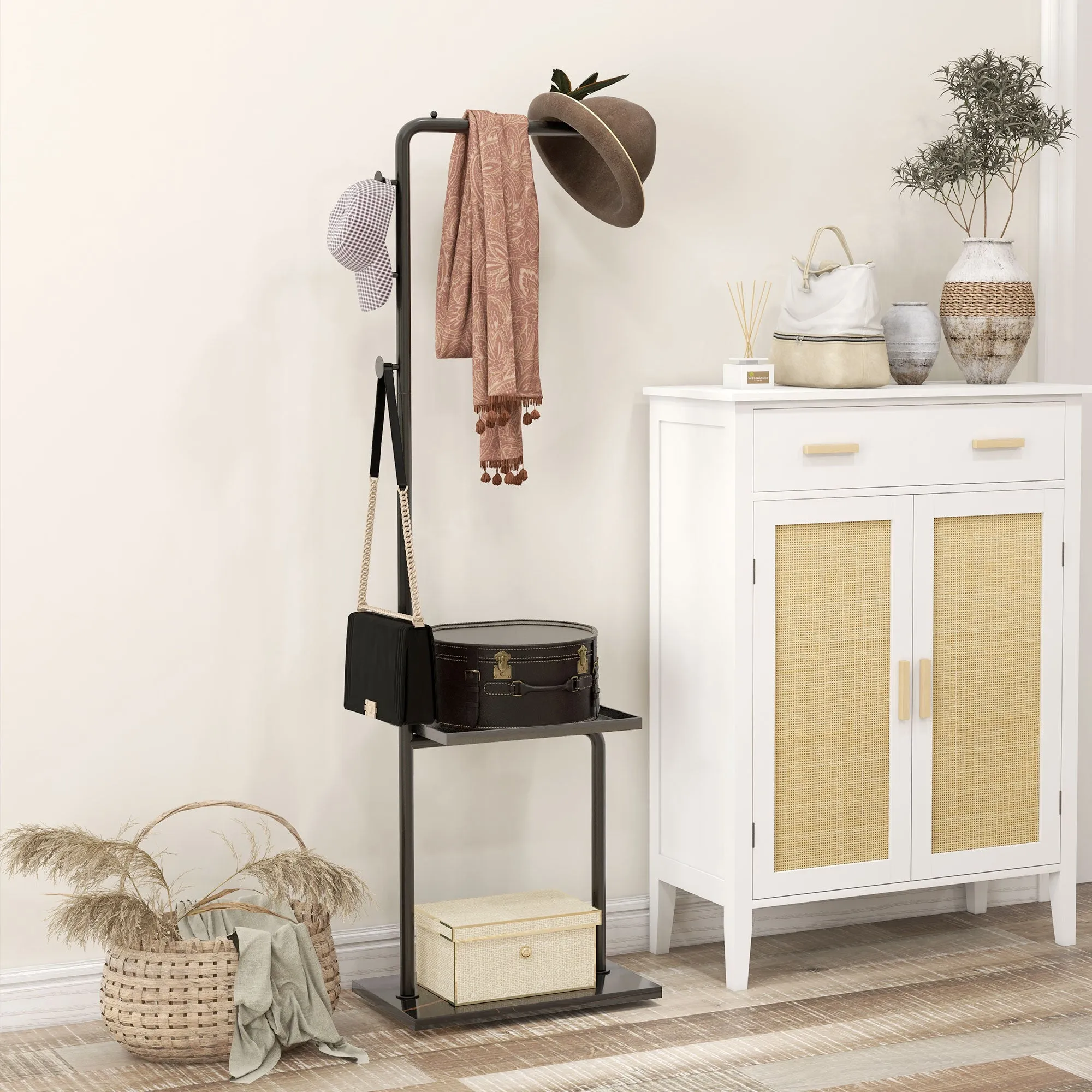 C-Shaped Floor Coat Rack with 3 Hooks, Bar and Bottom Tray, Stone Base and Non-Slip Feet, Black - Image 2