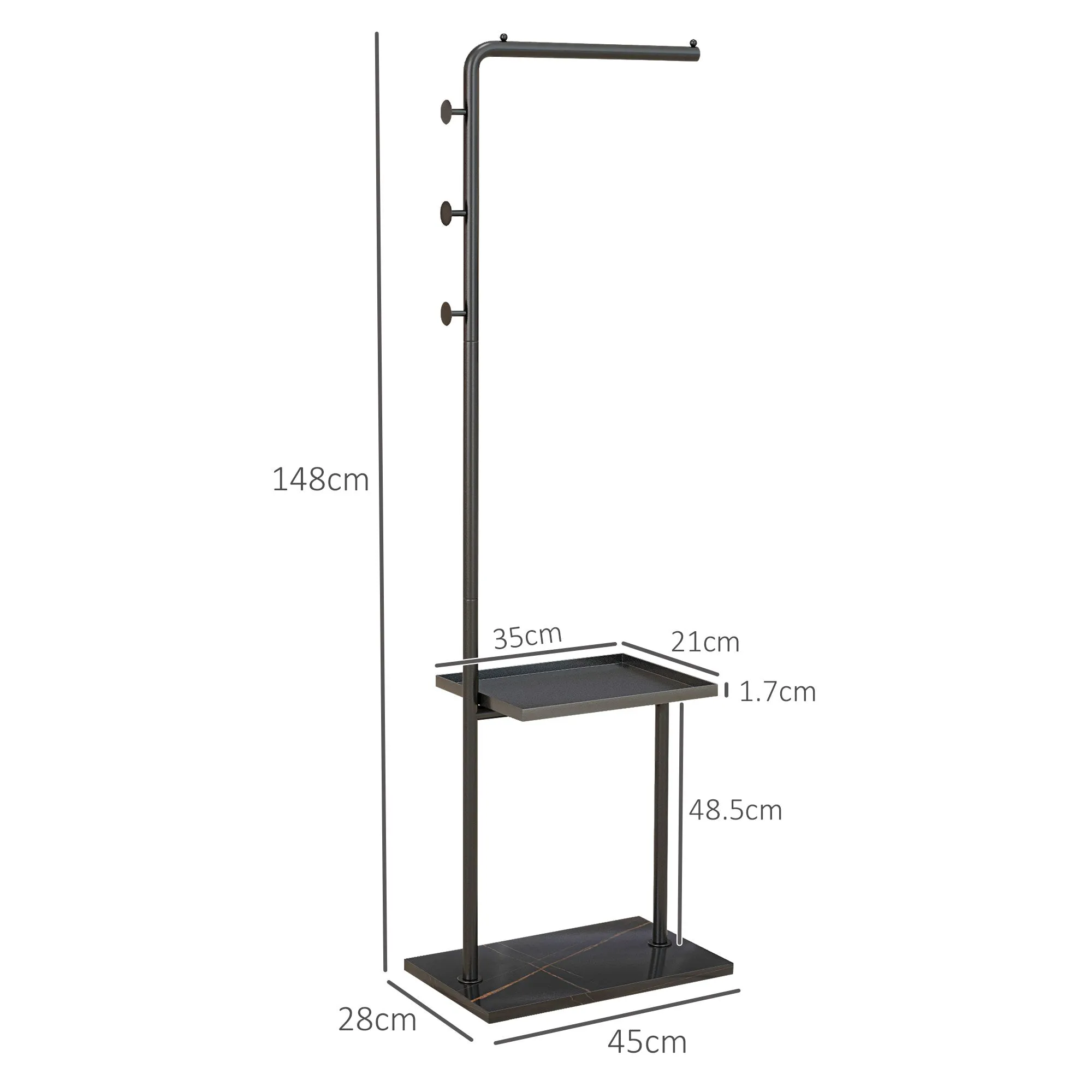 C-Shaped Floor Coat Rack with 3 Hooks, Bar and Bottom Tray, Stone Base and Non-Slip Feet, Black - Image 3