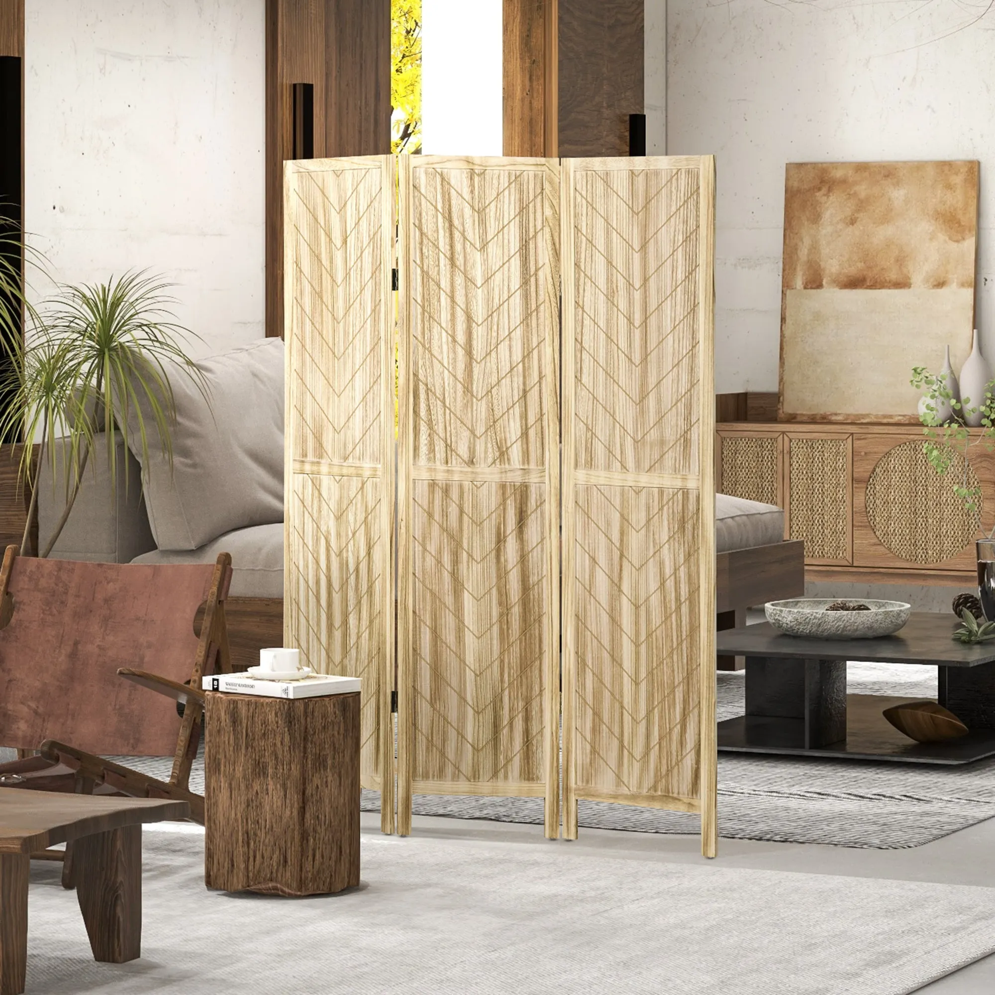 3-Panel Folding Herringbone Wooden Indoor Screen, 120x1.6x170cm - Image 2