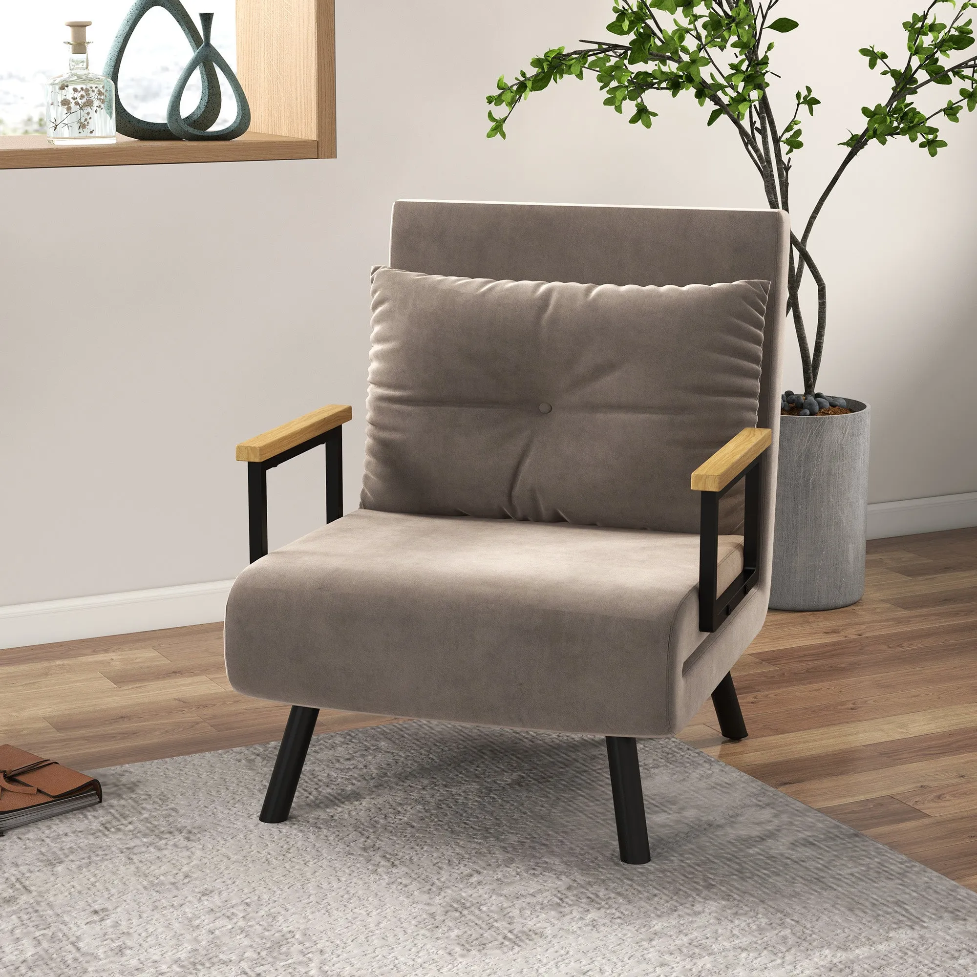 Velvet Light Brown, 3 in 1 Padded Armchair Bed with Reclining Backrest in 5 Positions and Cushion, 63x73x81 cm, Light Brown - Image 2