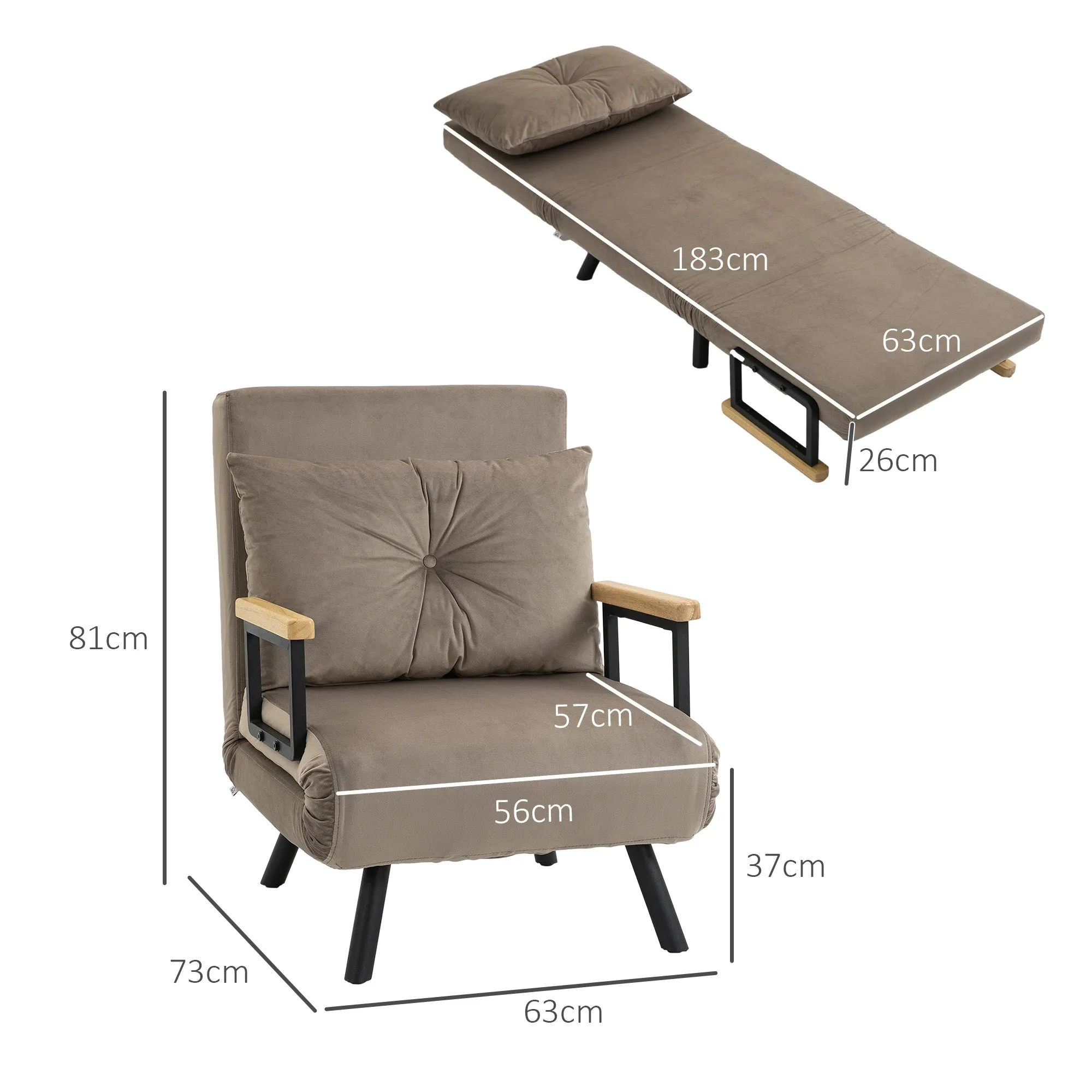 Velvet Light Brown, 3 in 1 Padded Armchair Bed with Reclining Backrest in 5 Positions and Cushion, 63x73x81 cm, Light Brown - Image 3