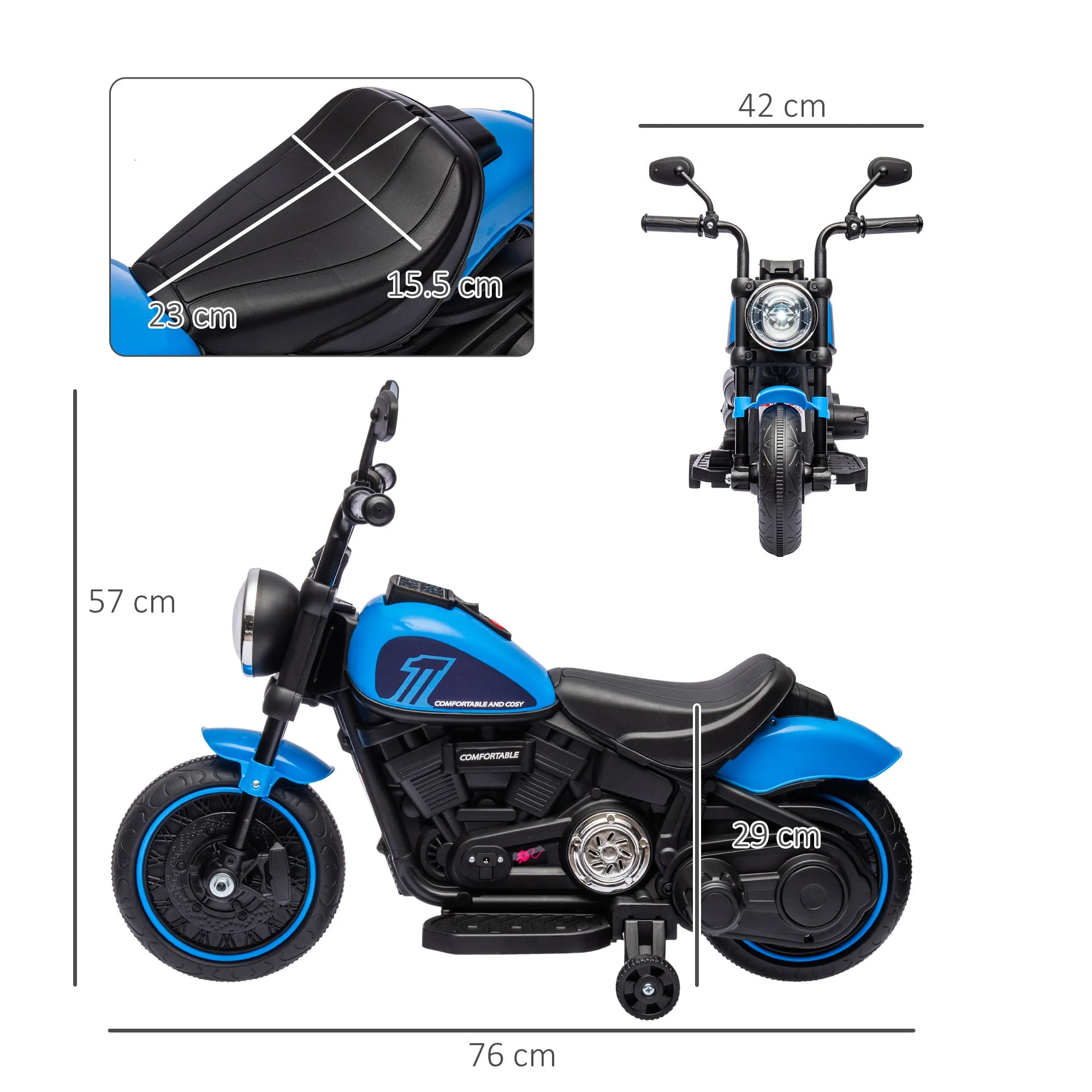 Electric Motorcycle for Children 18-36 Months in PP and Metal with Wheels and Light, 76x42x57 cm, Blue and Black - Image 3